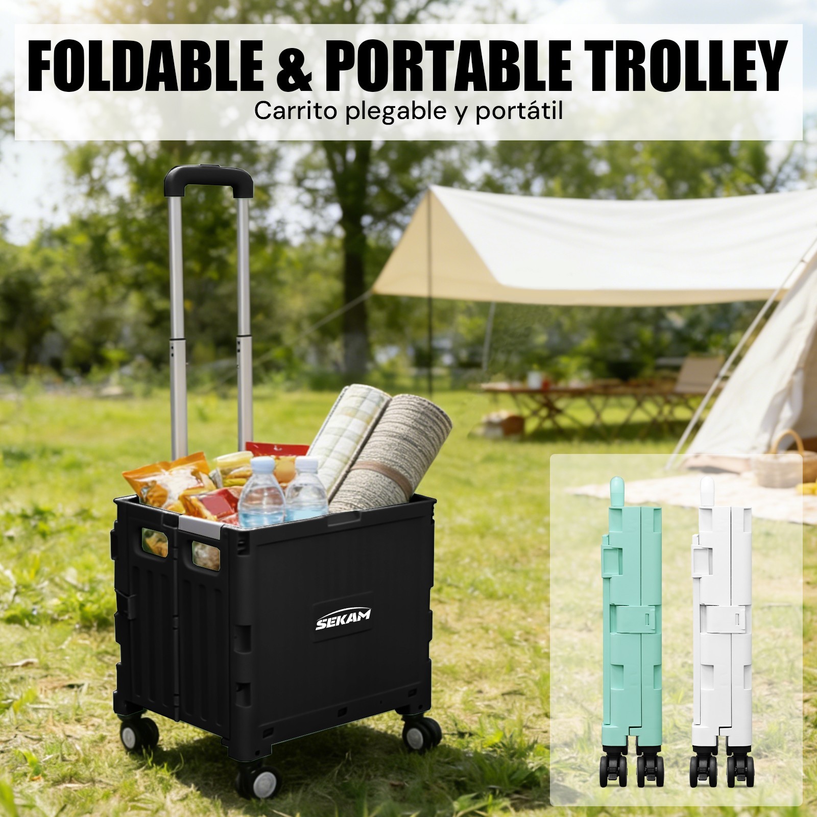 Foldable Rolling Crate with Lid & Telescopic Handle Portable Utility Cart Black