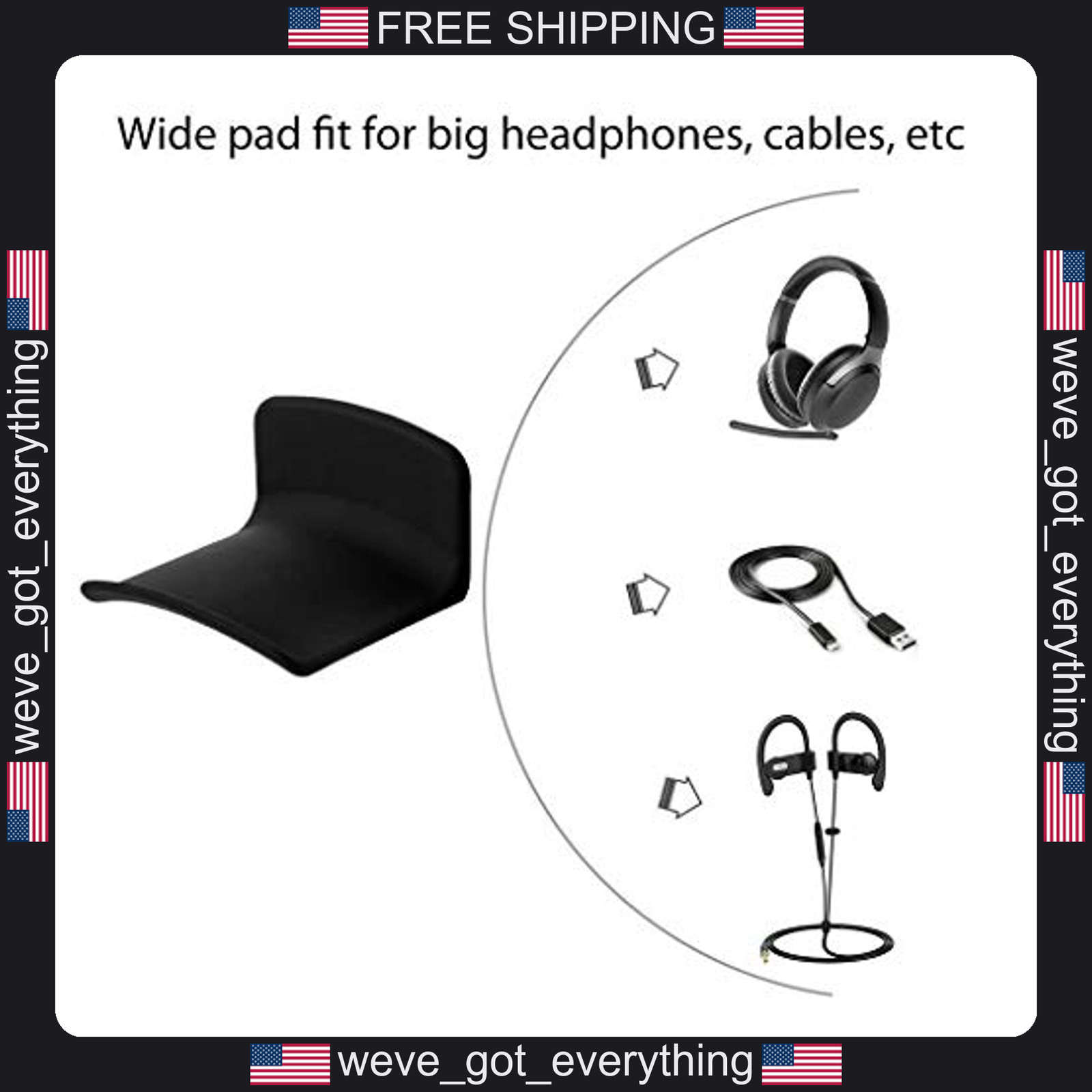 Single Black Headphone Holder Wall Mount for Cables and Gadgets