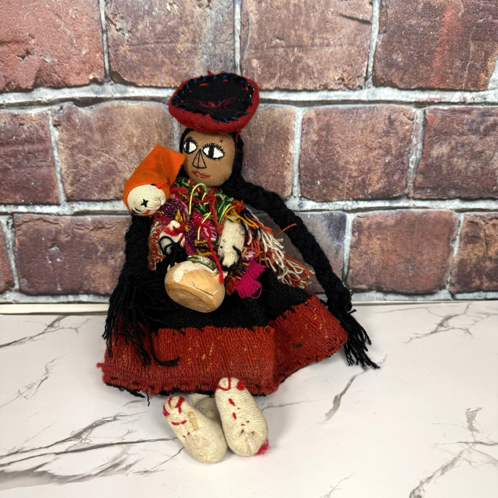 Vintage Peruvian Peru Andean Cloth Folk Art Handmade Doll Mother Baby w Jug