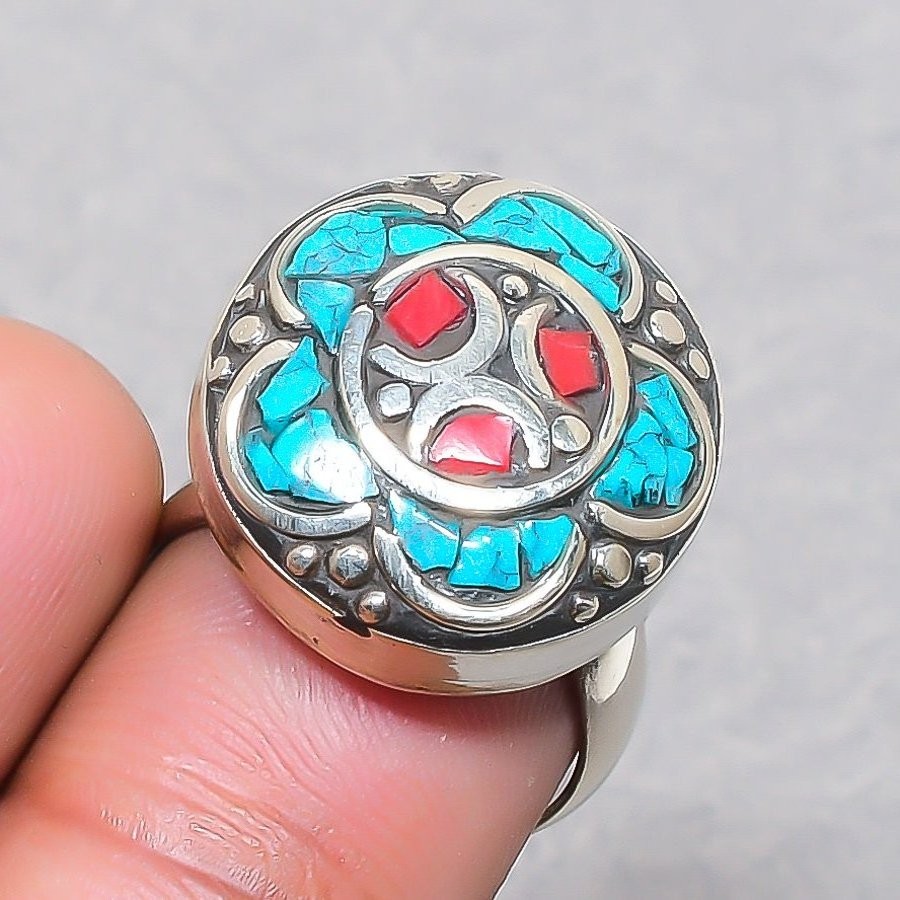 Red Coral Tibetan Turquoise Handmade Gift Jewelry Nepali Adjustable Ring SR 3027