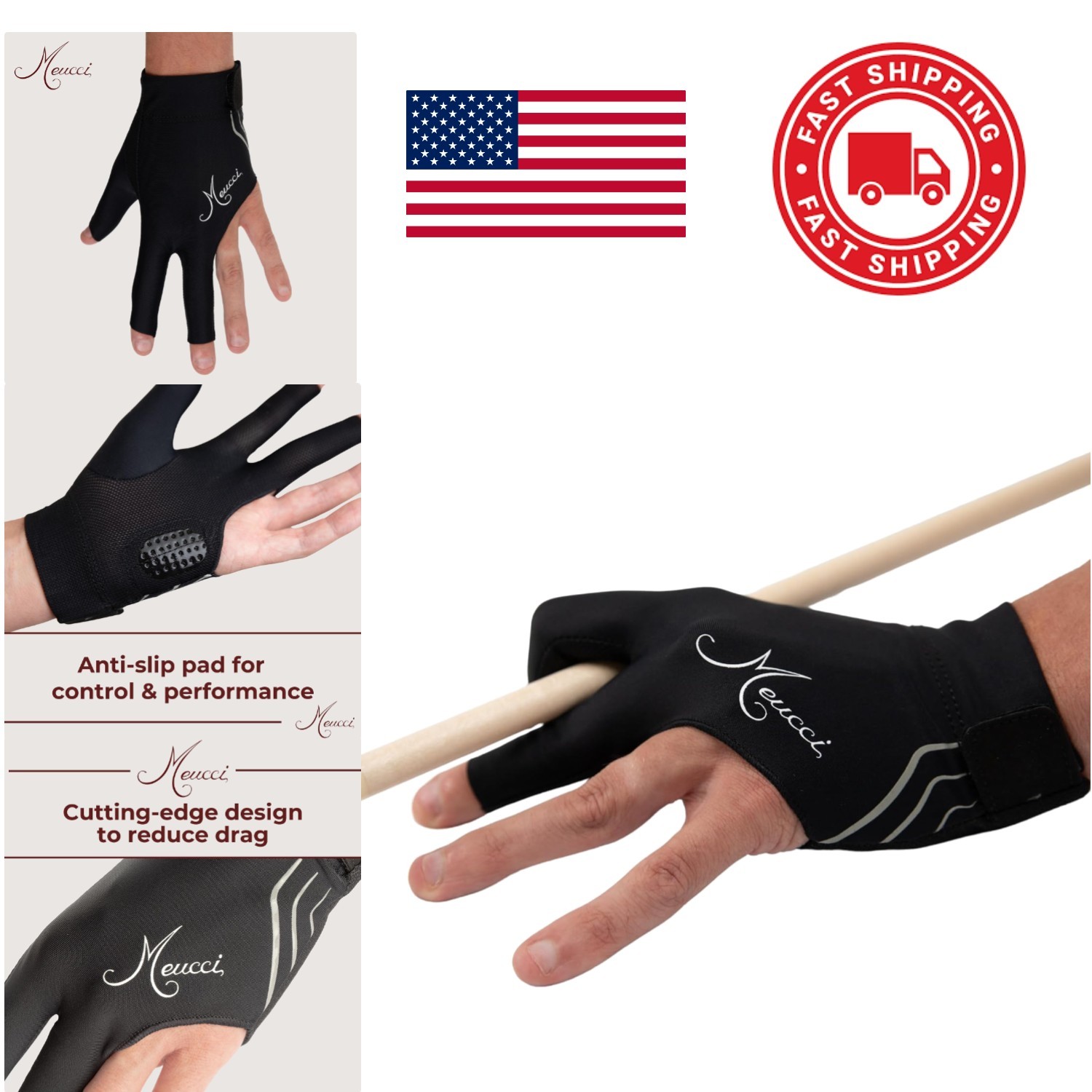 Three Finger Billiards Glove Medium Black Lycra Extra Grip for Serious Players