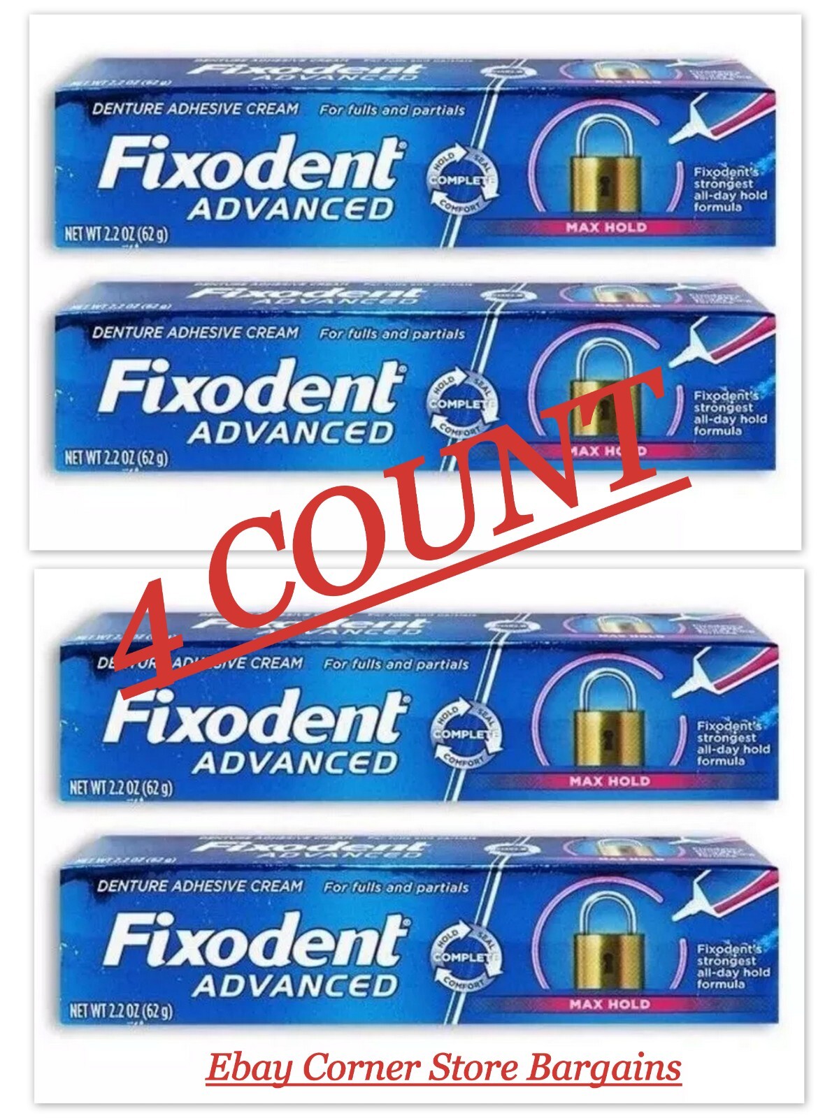 4 Count Fixodent Advanced Max Hold Denture Adhesive, 2.2 oz