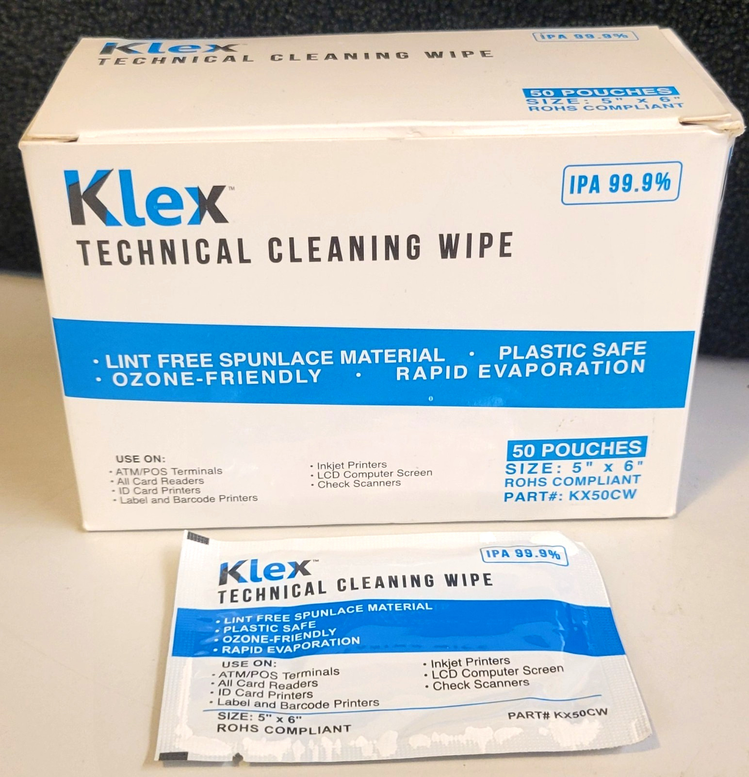Klex 50 Lint-Free CLEANING WIPES For Credit Card POS ATM Reader 99+% IPA 5" x 6"