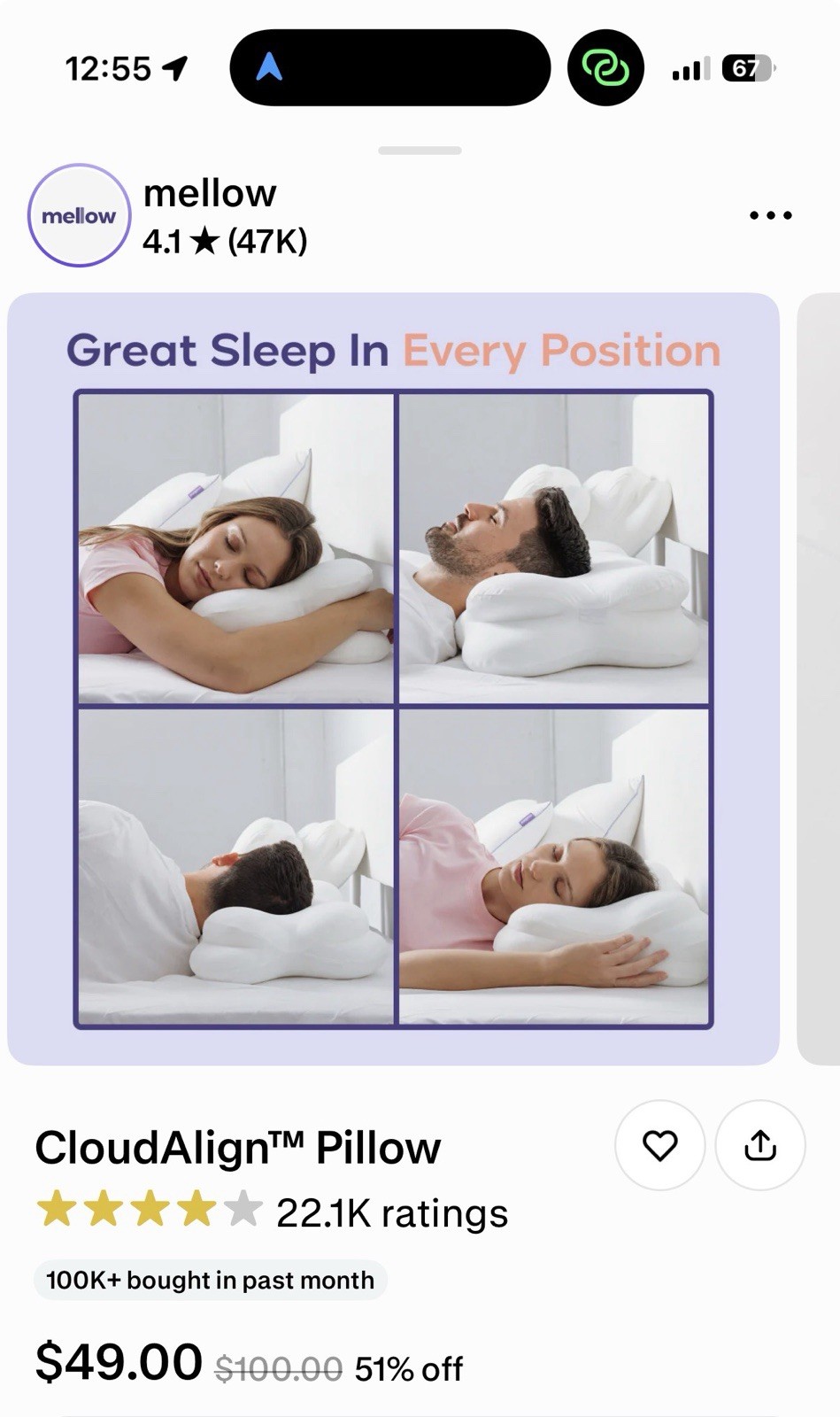 TWO Mellow CloudAlign Pillow Cooling Hypoallergenic Bed Pillows
