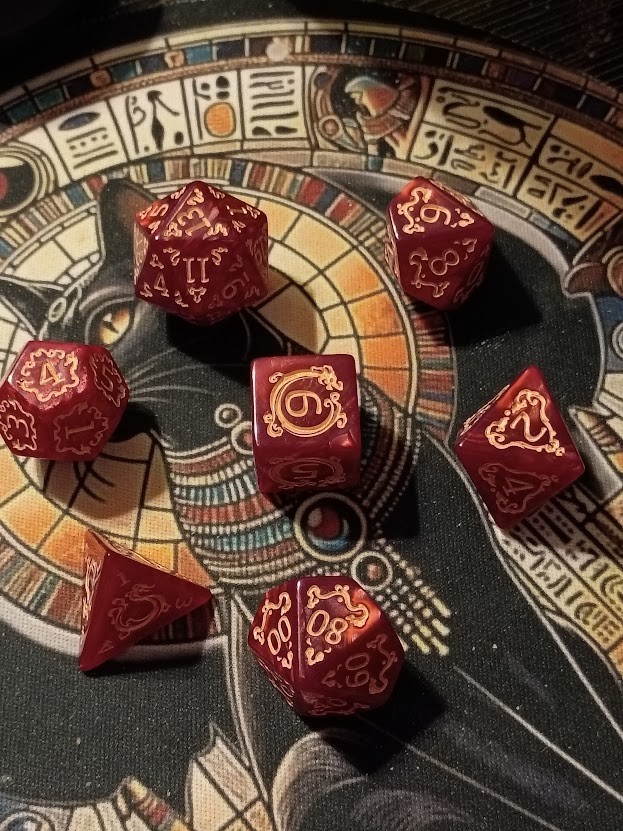 ~Mystical Gaming Dice ~ Set of 7 D&D Dice ~ Pearlescent Deep Red - Gold Accents