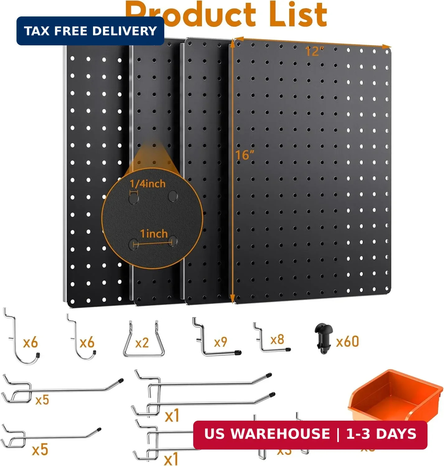 Peg Board, 110pcs Metal Pegboard Kit, Includes 4 Pack Black Peg Board Panels wit