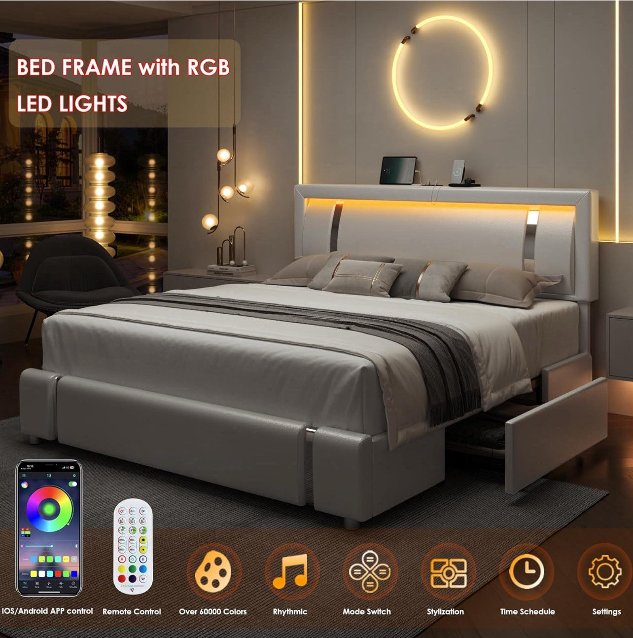 Keyluv King Size Bed with RGB LED Lights and Storage Drawers.