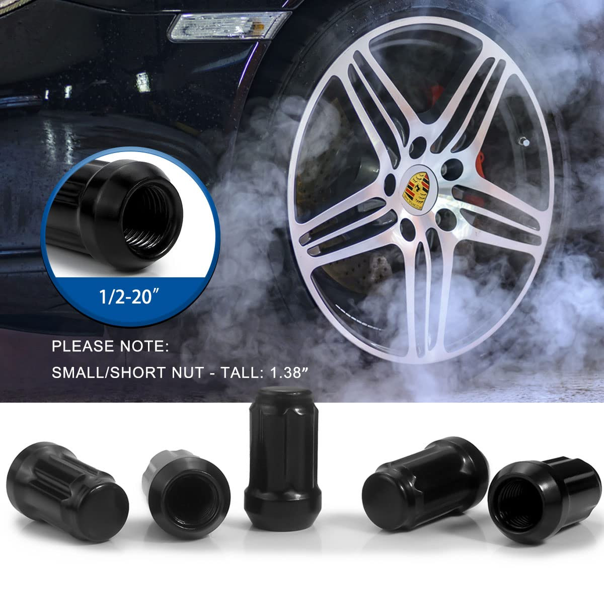 1/2-20 Lug Nuts Black, 1/2 X 20 Closed End 6 Spline Tuner Lug Nuts 1.38" 35Mm Ta