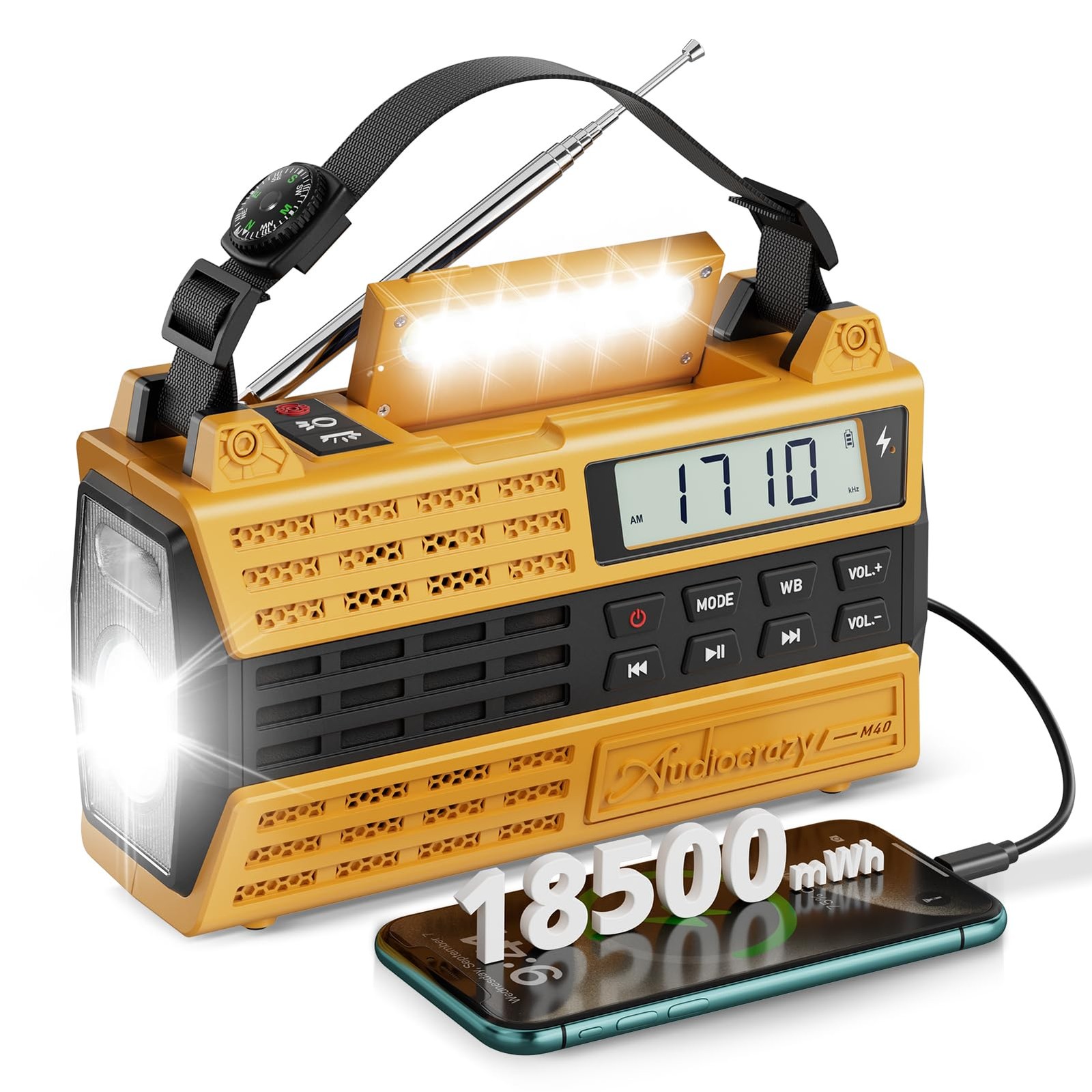 Audiocrazy Emergency Radio, 5000mAh/18500mWh Solar Hand Crank Weather Radio with
