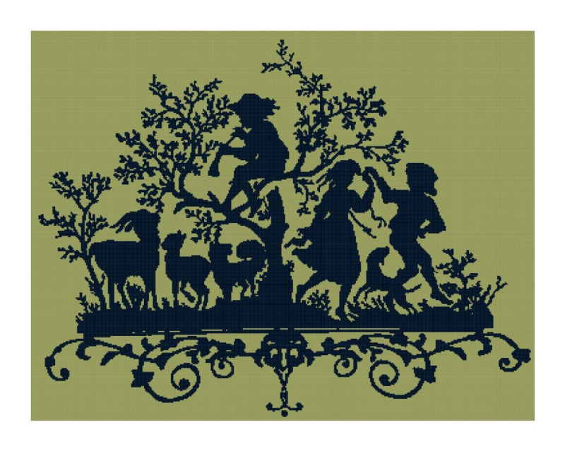 Victorian Boy with Flute in Tree w. Kids Silhouette Cross-Stitch Pattern Chart