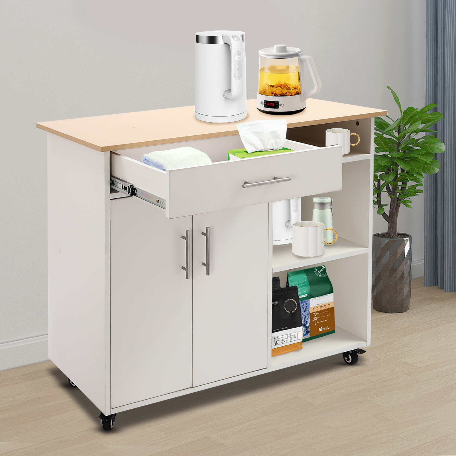 Island Side Table Kitchen Cart Rolling Kitchen Free Standing Trolley w/Drawer