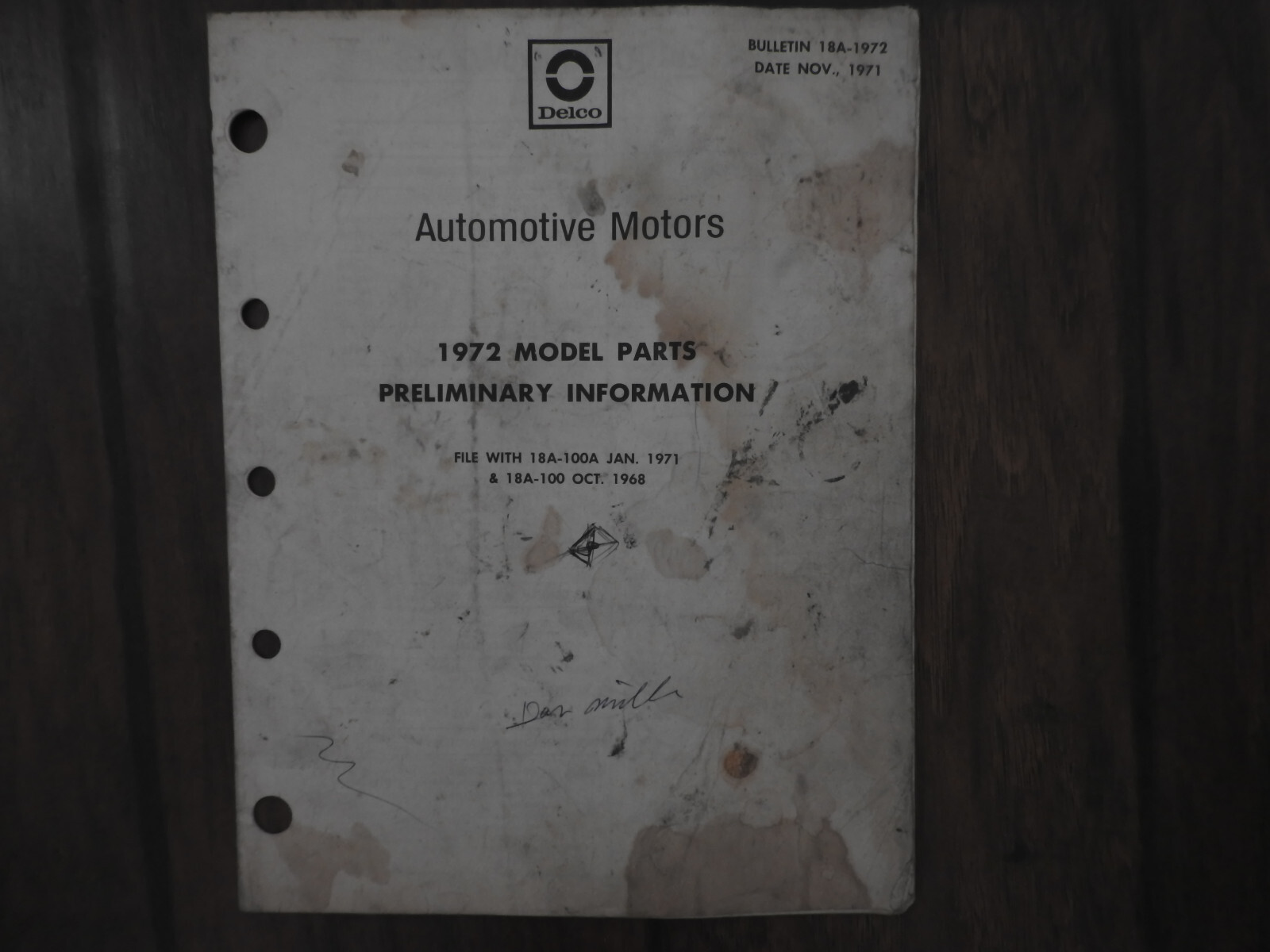 Delco Automotive Motors 1972 Model Parts Bulletin 18A-1972 CWIO Free Shipping!