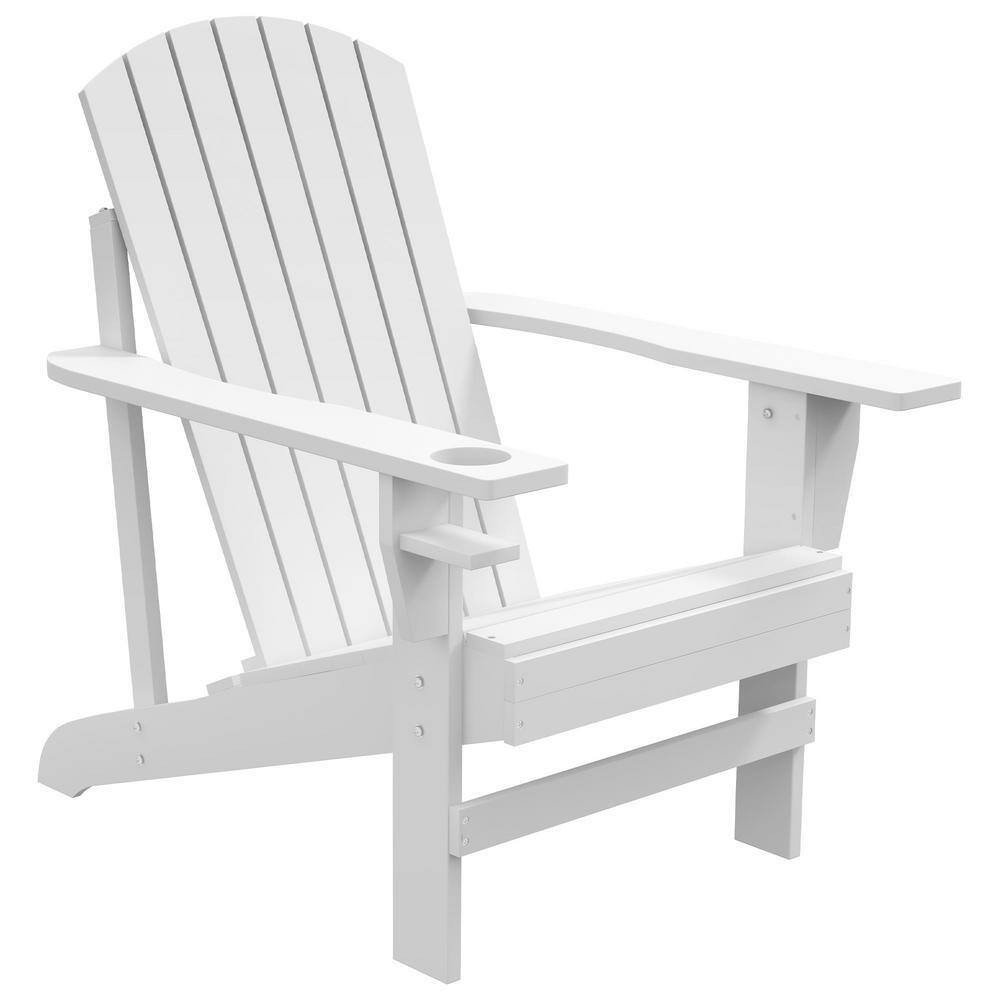 Versatile Outdoor Wood White Adirondack Patio Lawn Chair with Cup Holder, Weathe