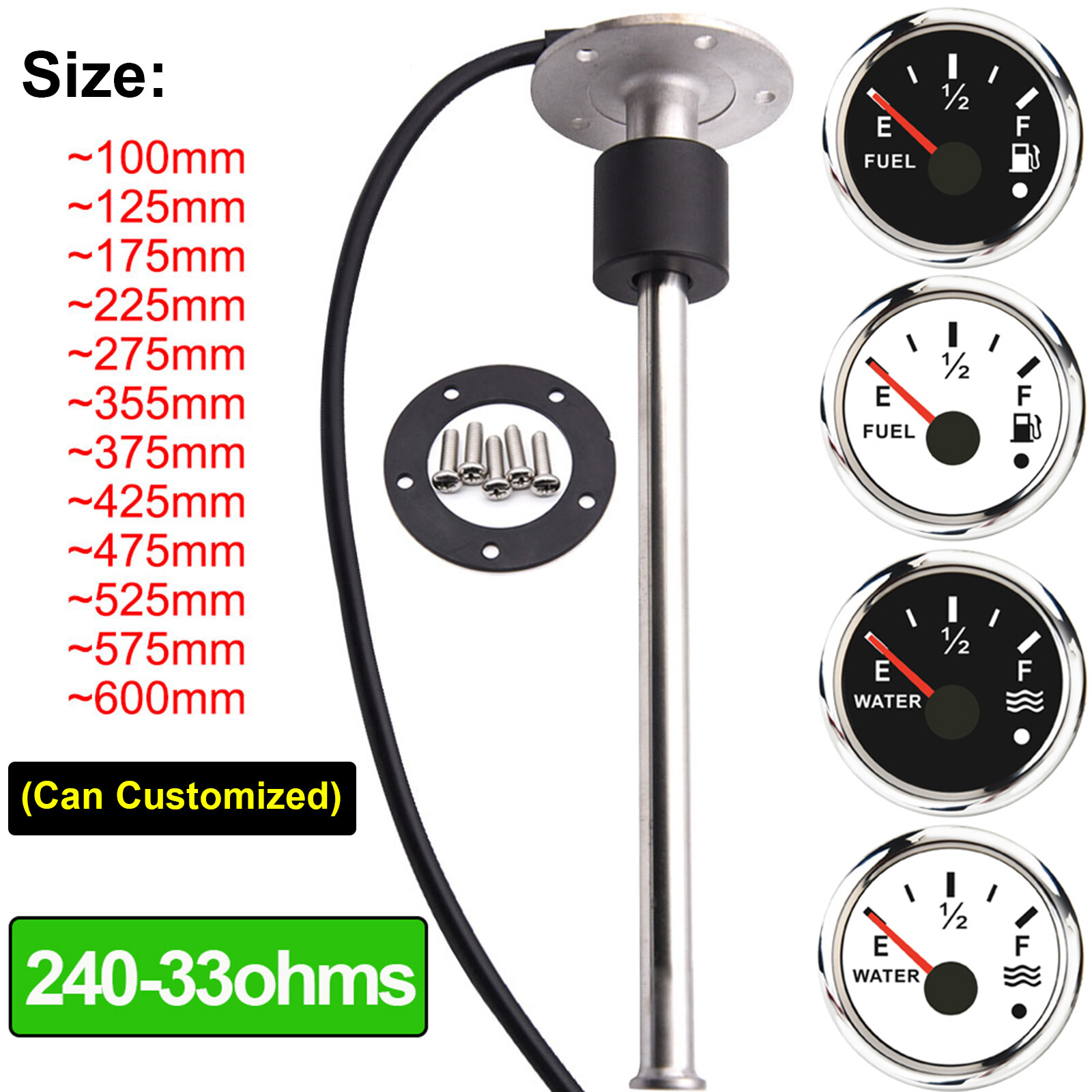 52mm Water/Fuel Level Gauge Meter 240-33ohm Water Level gauge Sensor Sender Unit