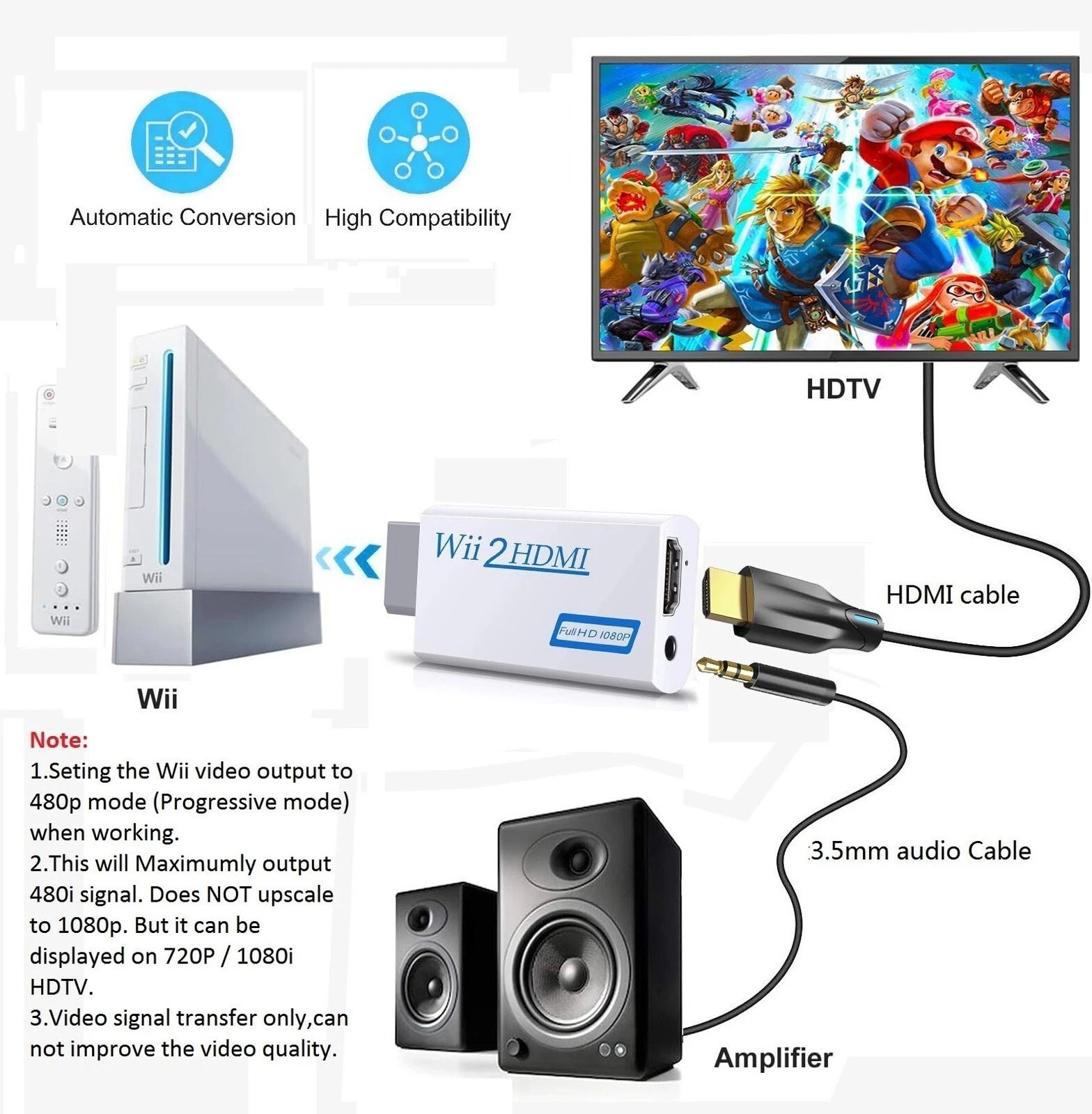Portable Wii to HDMI Wii2 HDMI Full HD Converter Audio Output Adapter TV