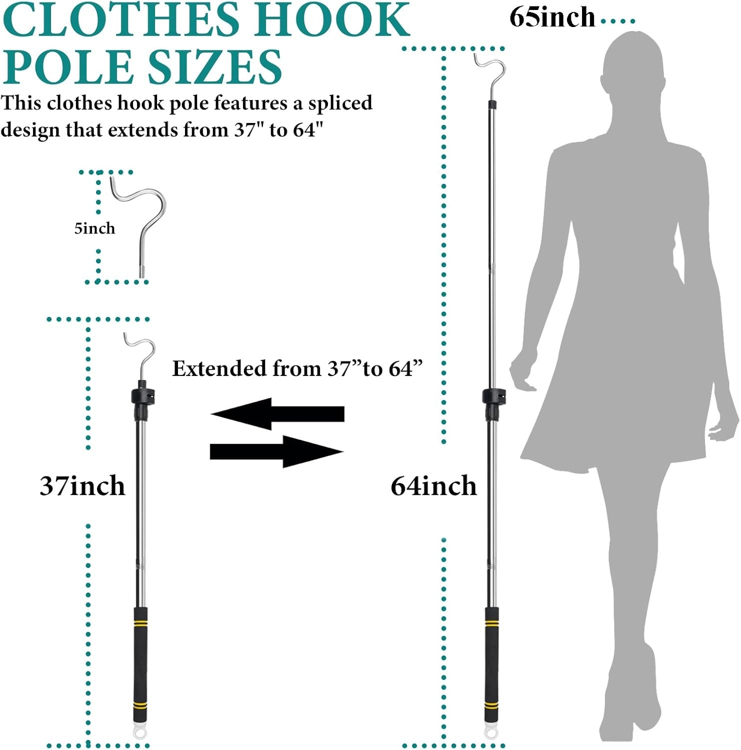 Clothes Hanger Reaching Hook Telescopic Adjustment clothes hook pole Light & can