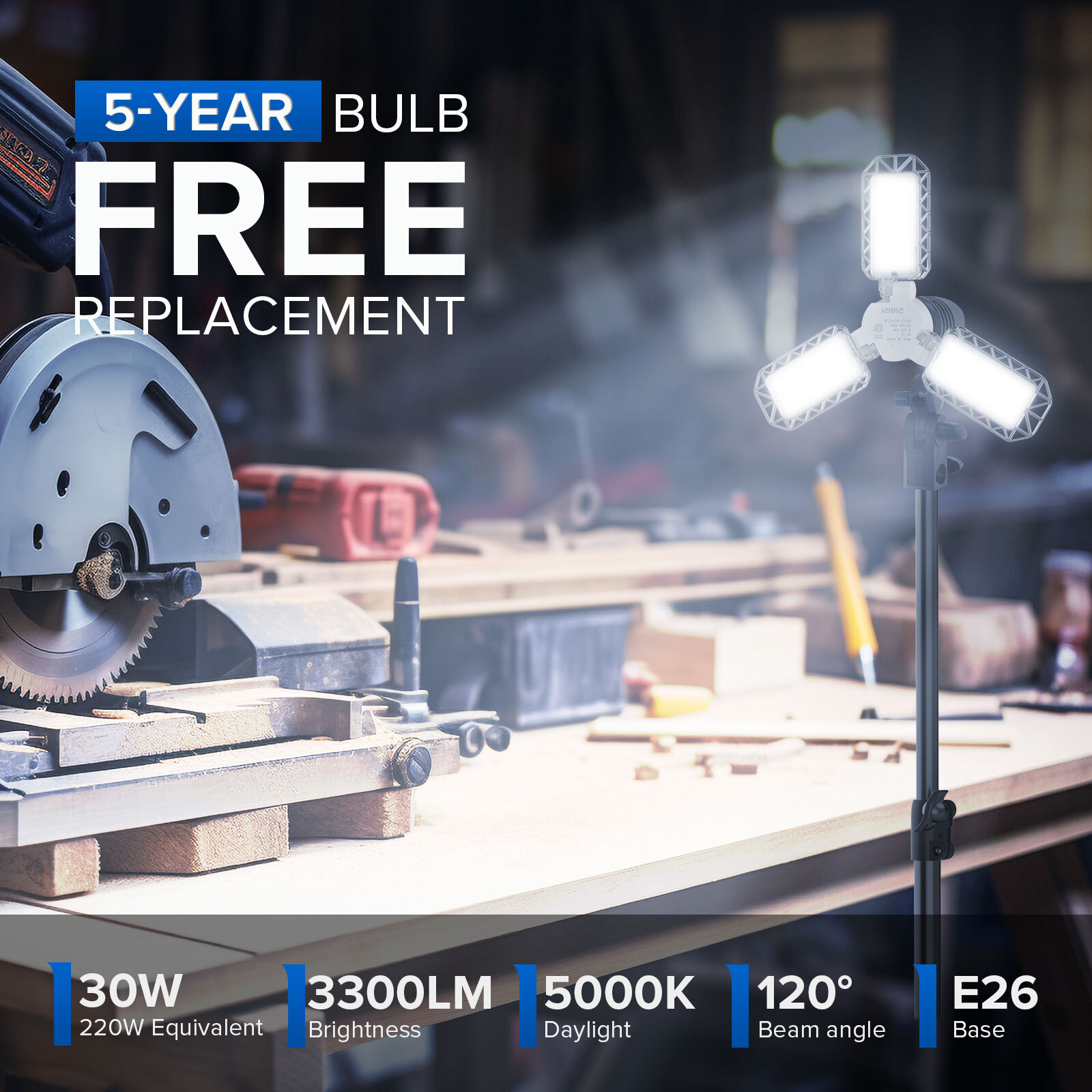 3300LM LED Work Light 30W=300W Equiv. Telescoping Tripod Stand Portable SANSI