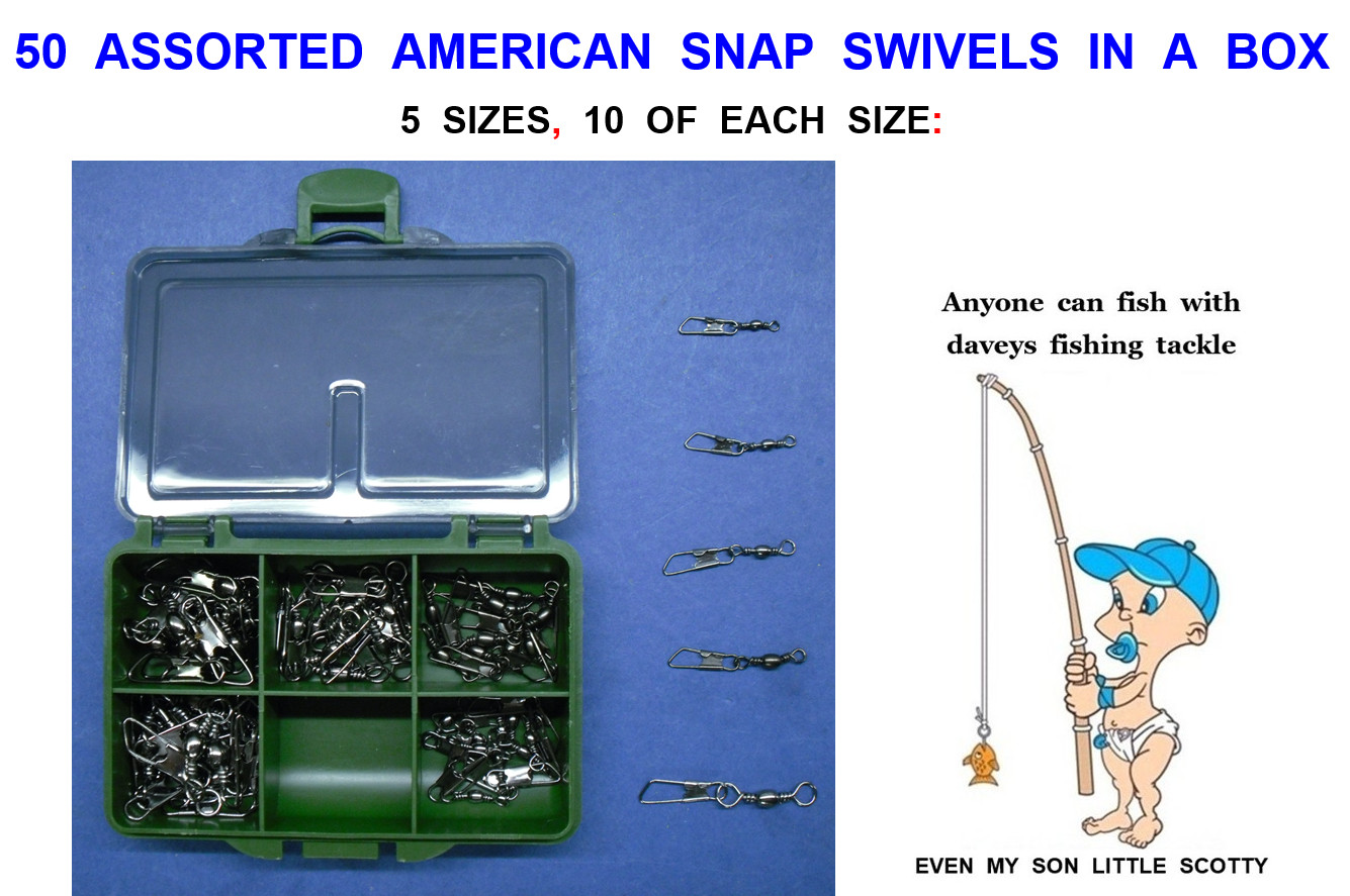 50 ASSORTED COARSE FISHING AMERICAN SNAP BARREL SWIVELS+TACKLE BOX LINE LINKS