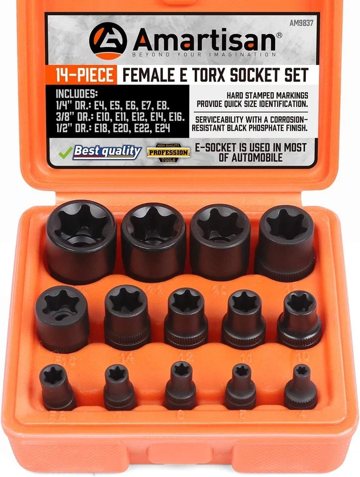 14 Pc Female E-Torx Star Socket Set/Rail, 1/4" 3/8" 1/2" Drive, E24 External Tor