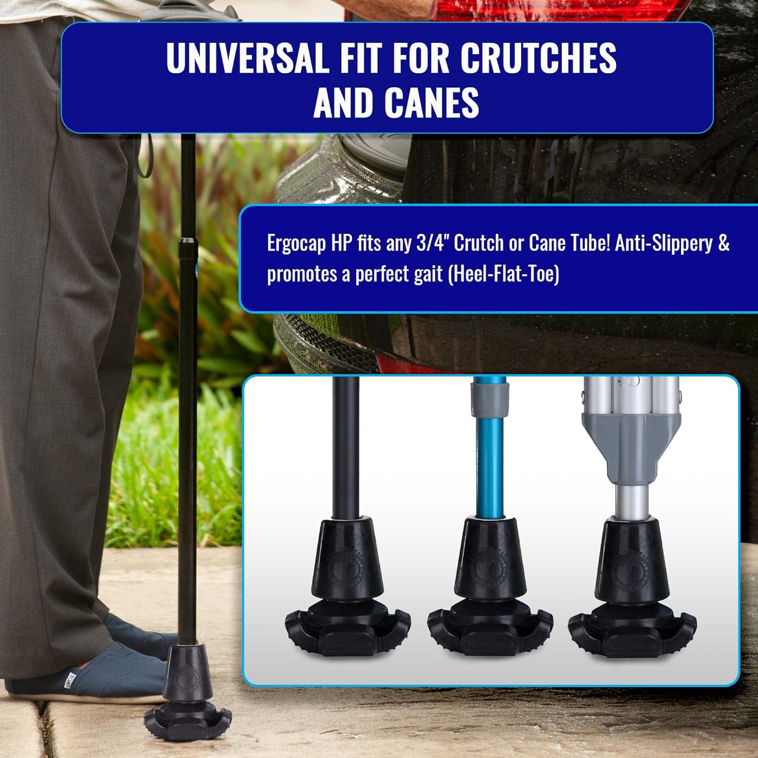 Ergocap® High Performance Crutch Rubber Tip - Rubber Replacement Foot Pad for Wa