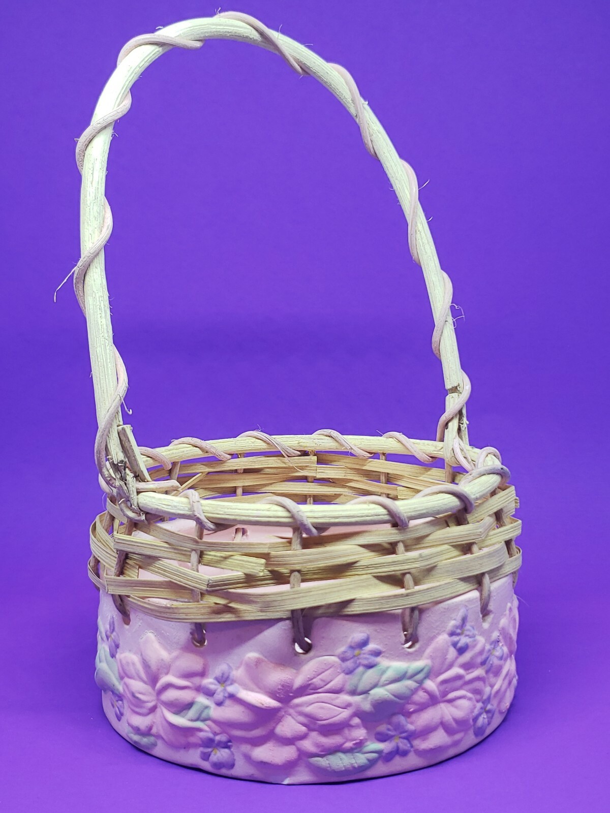 FTD Pink Floral Ceramic Bottomed Easter Basket/Planter with Wicker Top & Handle