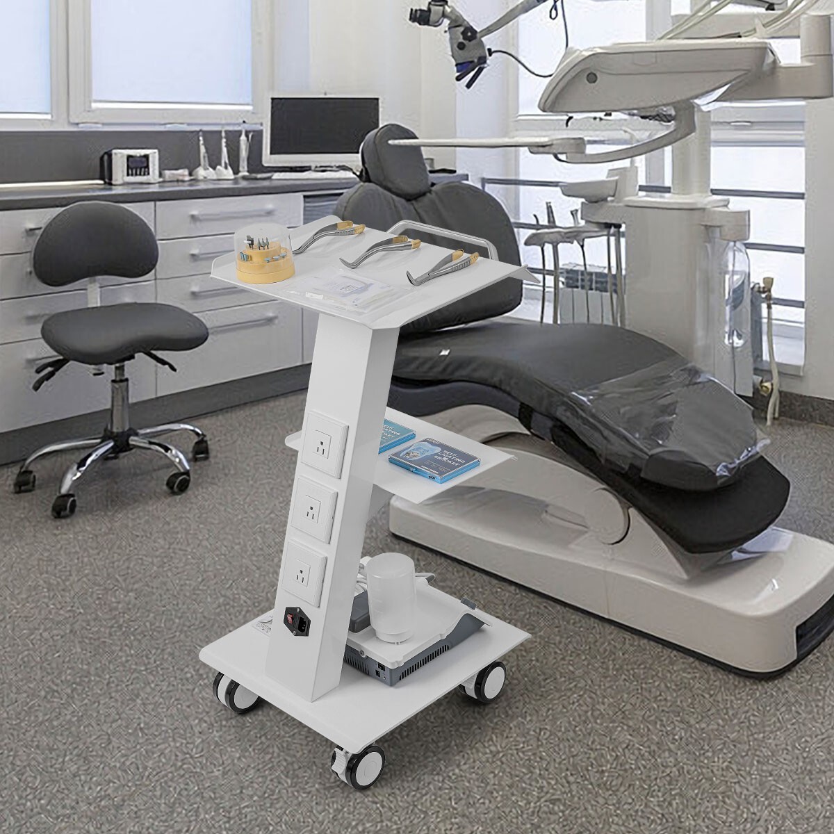 Three Layer Dental Medical Trolley Tool Mobile Cart Built-in Socket 4 Casters