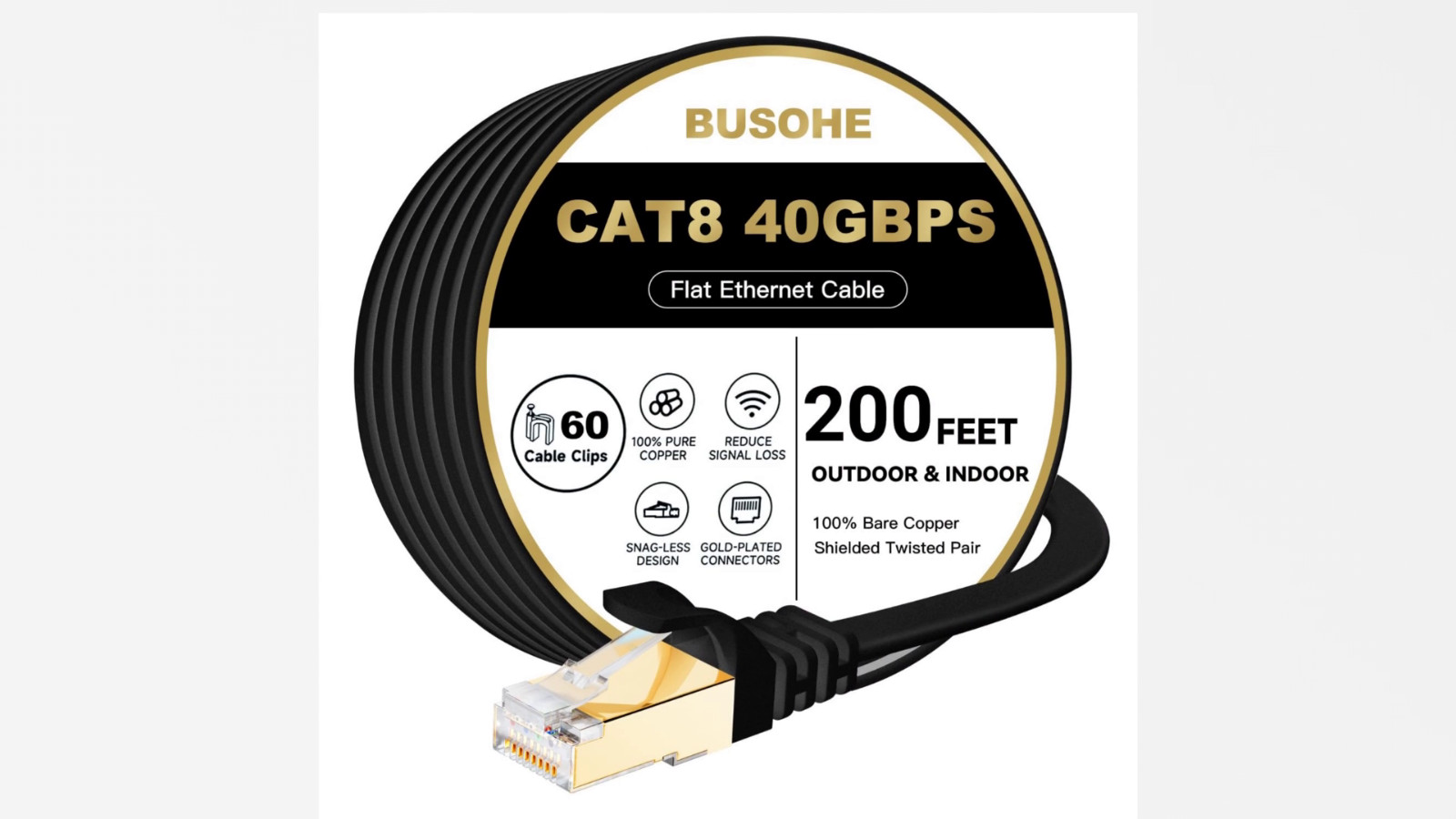 High-Speed Cat 8 Ethernet Cable 200FT, 40Gbps 2000MHz Flat LAN Wire, Shielded, R