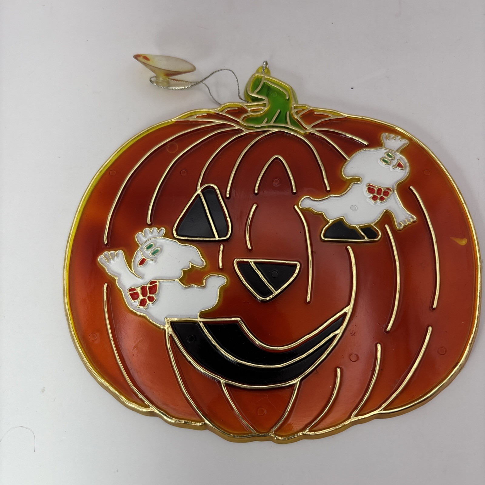 Vintage Halloween Suncatcher Jack-o-Lantern Pumpkin Plastic 7" x 7.5"