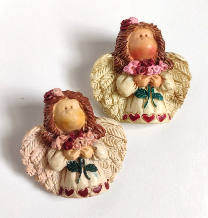 Vintage 90s Primitive Folk Art Angel Pins, Hearts Roses, Handpainted Resin, 1.5"