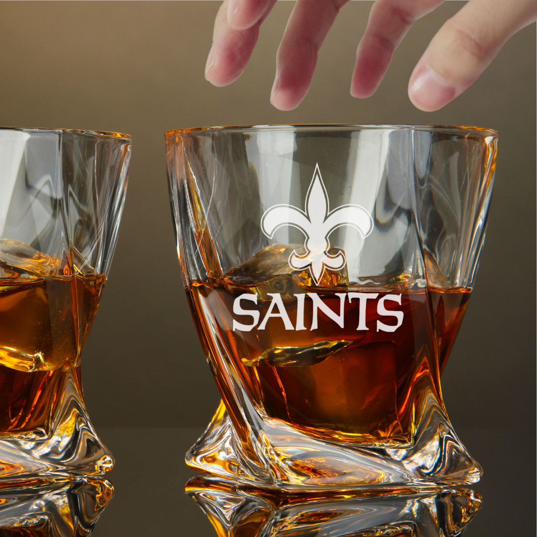 Custom Engraved New Orleans Saints Whiskey Glass – 10 oz Twisted Rocks Glass