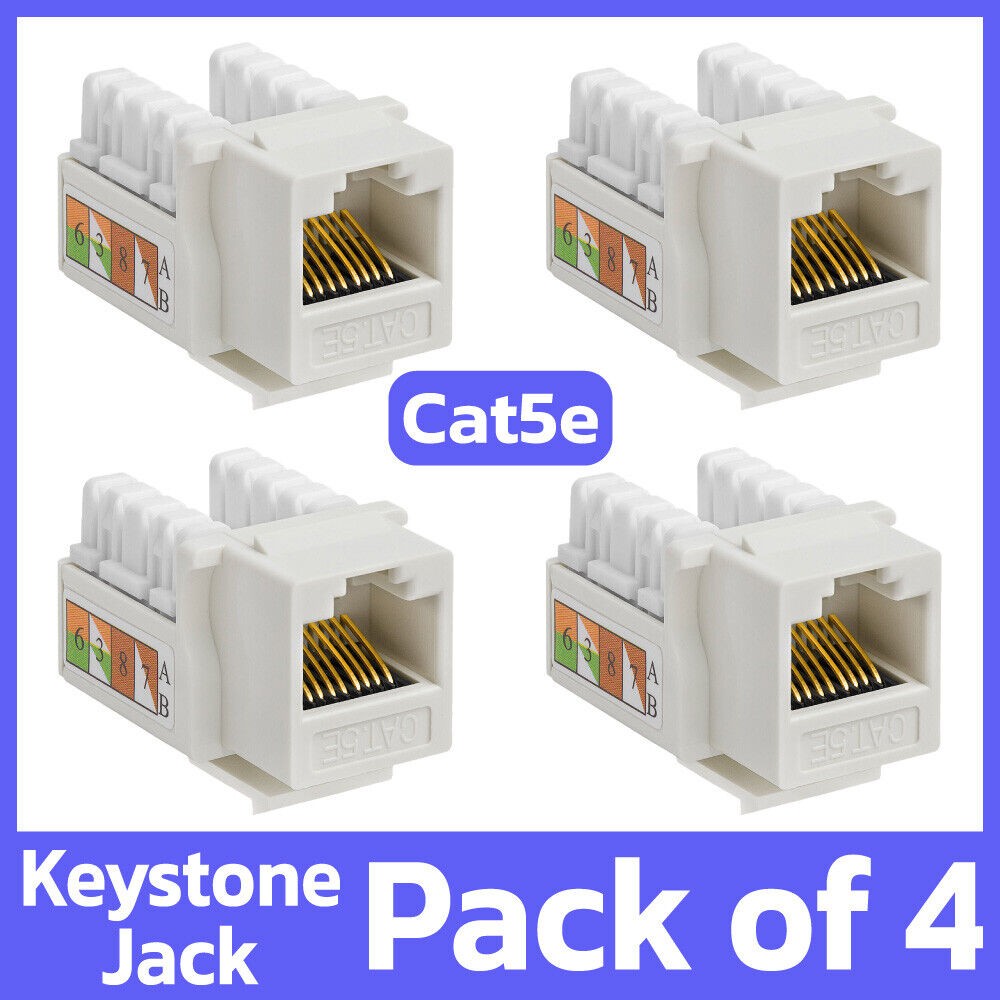 4 Pack Cat5e Keystone Jack White Ethernet 8P8C RJ45 Network 110 Punch Down LAN