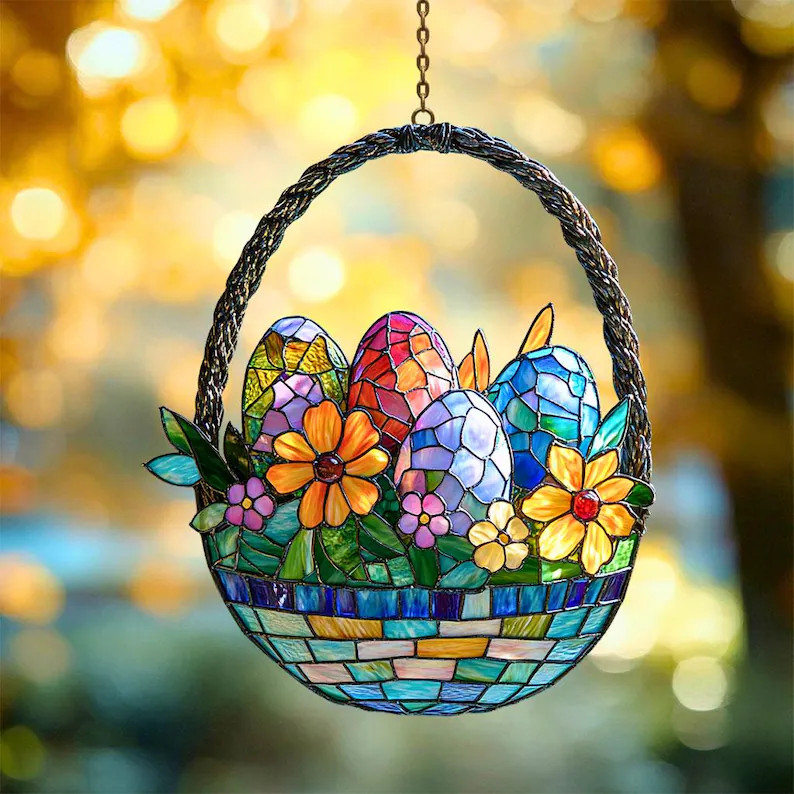 Easter Flowers Egg Basket Suncatcher Acrylic Window Decor Spring Gift