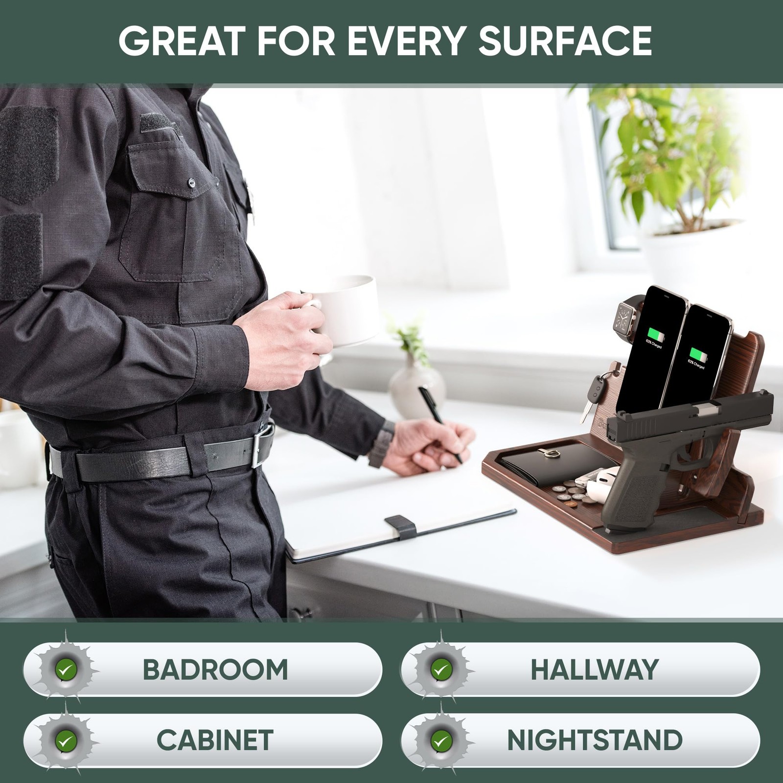BarvA 2 Phone Docking Station | Patented Adaptive Wood Gun Large, Dark Walnut