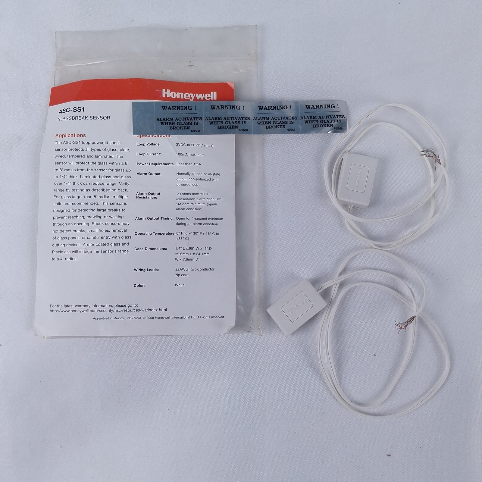 Honeywell ASC-SS1 Glassbreak Shock Sensor Loop Powered Security Alarm White