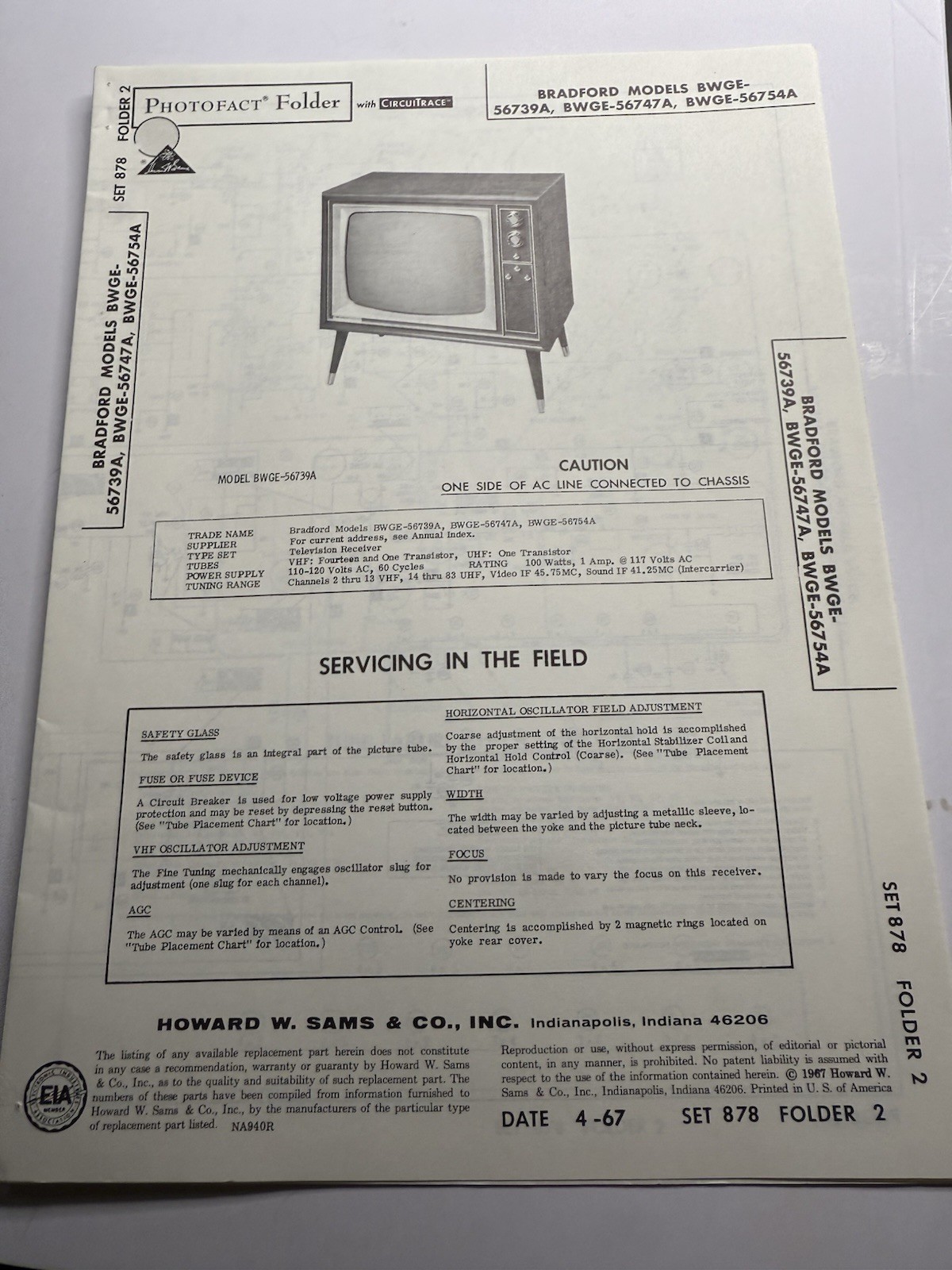 Sams Photofact Set 878 Folder 2 Bradford TV Models BWGE-56739A Service