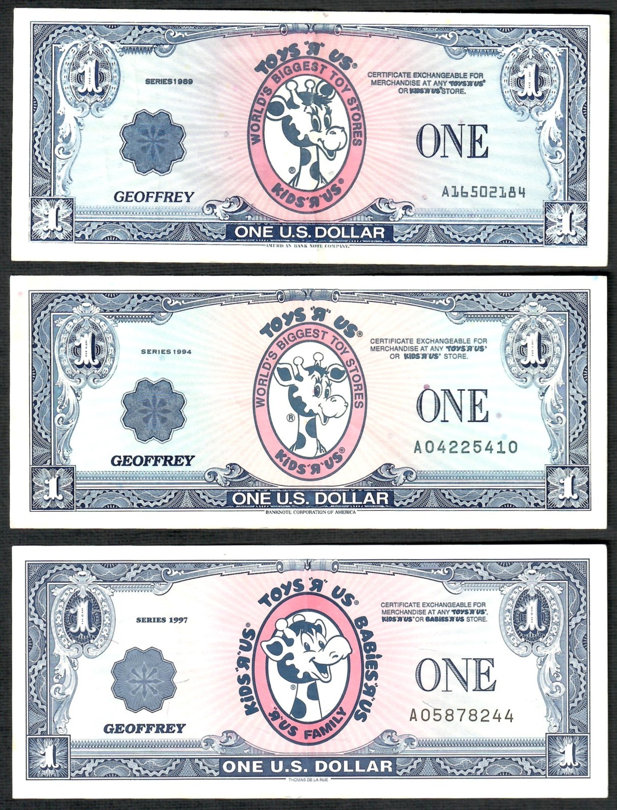 $1 One Dollar Bills - Toys R Us Geoffrey Dollars - U Choose the Bill 1988-1998
