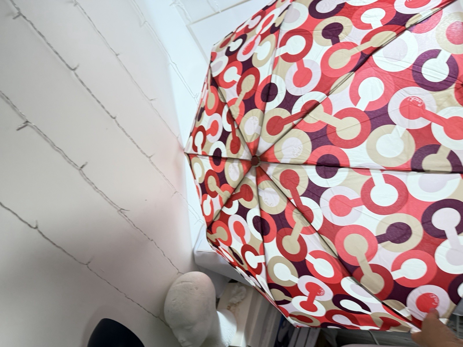 Coach Logo Compact Folding Umbrella Auto Open Red Purple Geometric Print