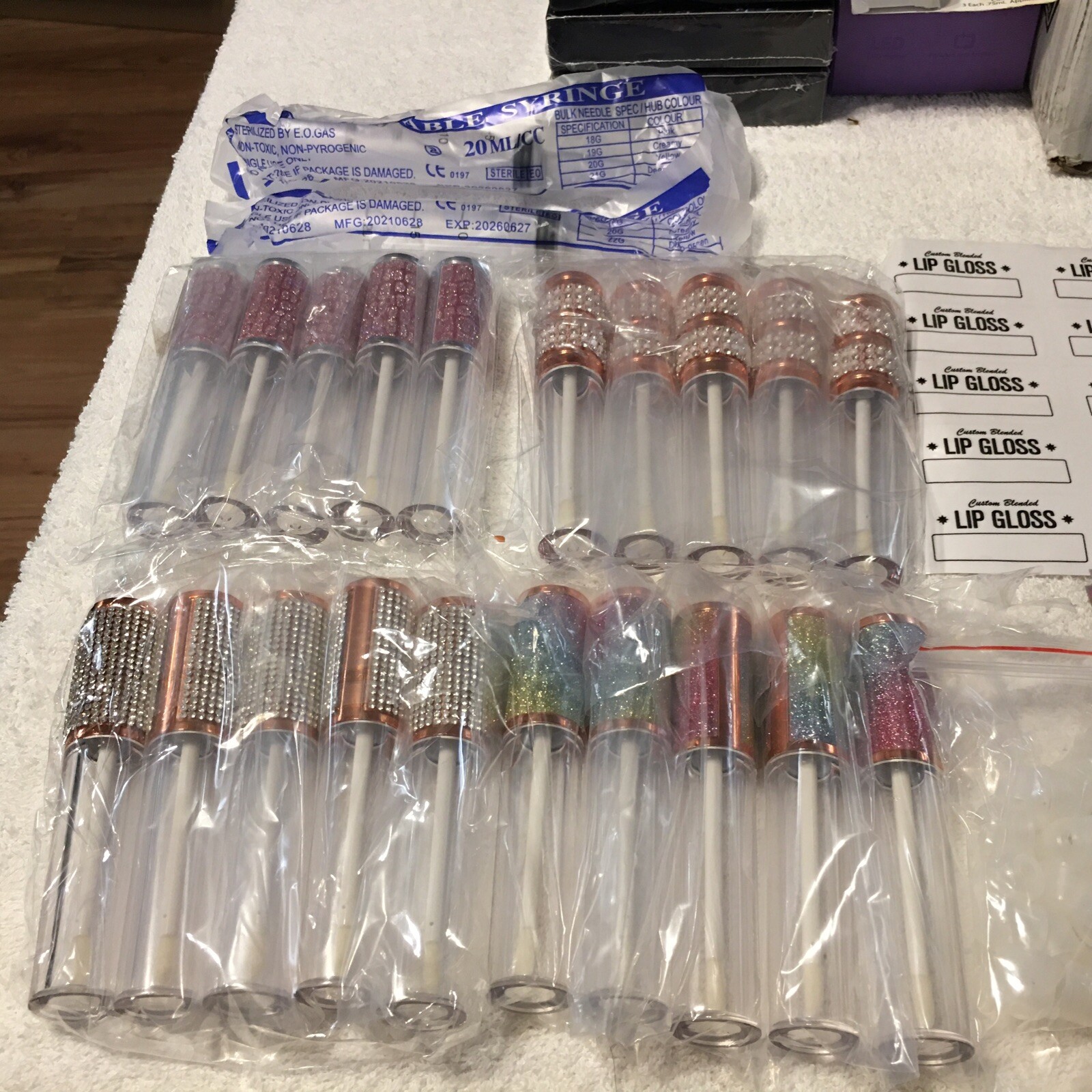 Lip Gloss 20 Tubes 5ml W/Wand Rhinestones & Crystal Kit W/Bags & Labels