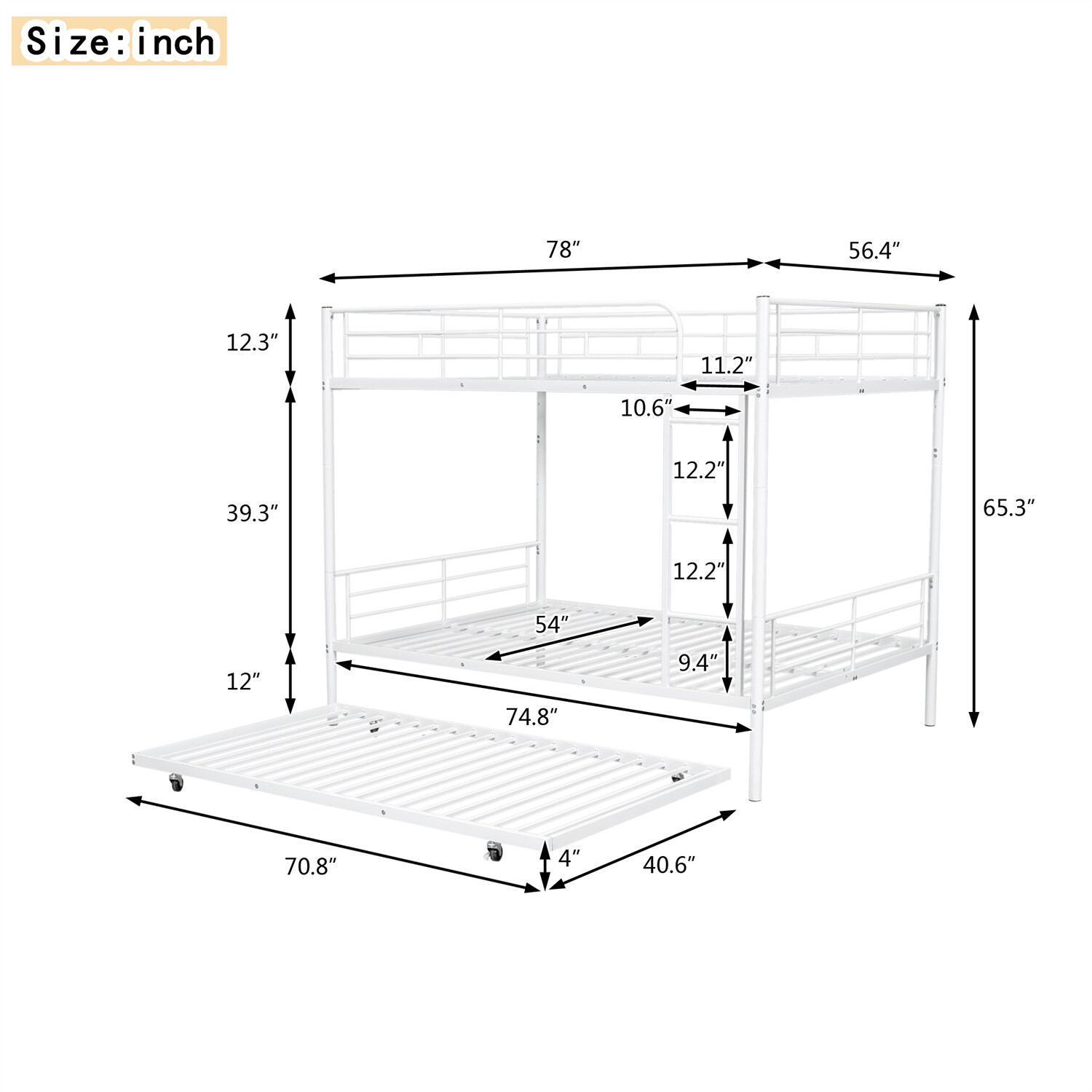Full Over Full Bunk Bed Heavy Duty Metal Bunk Bed Frame with Trundle Bed