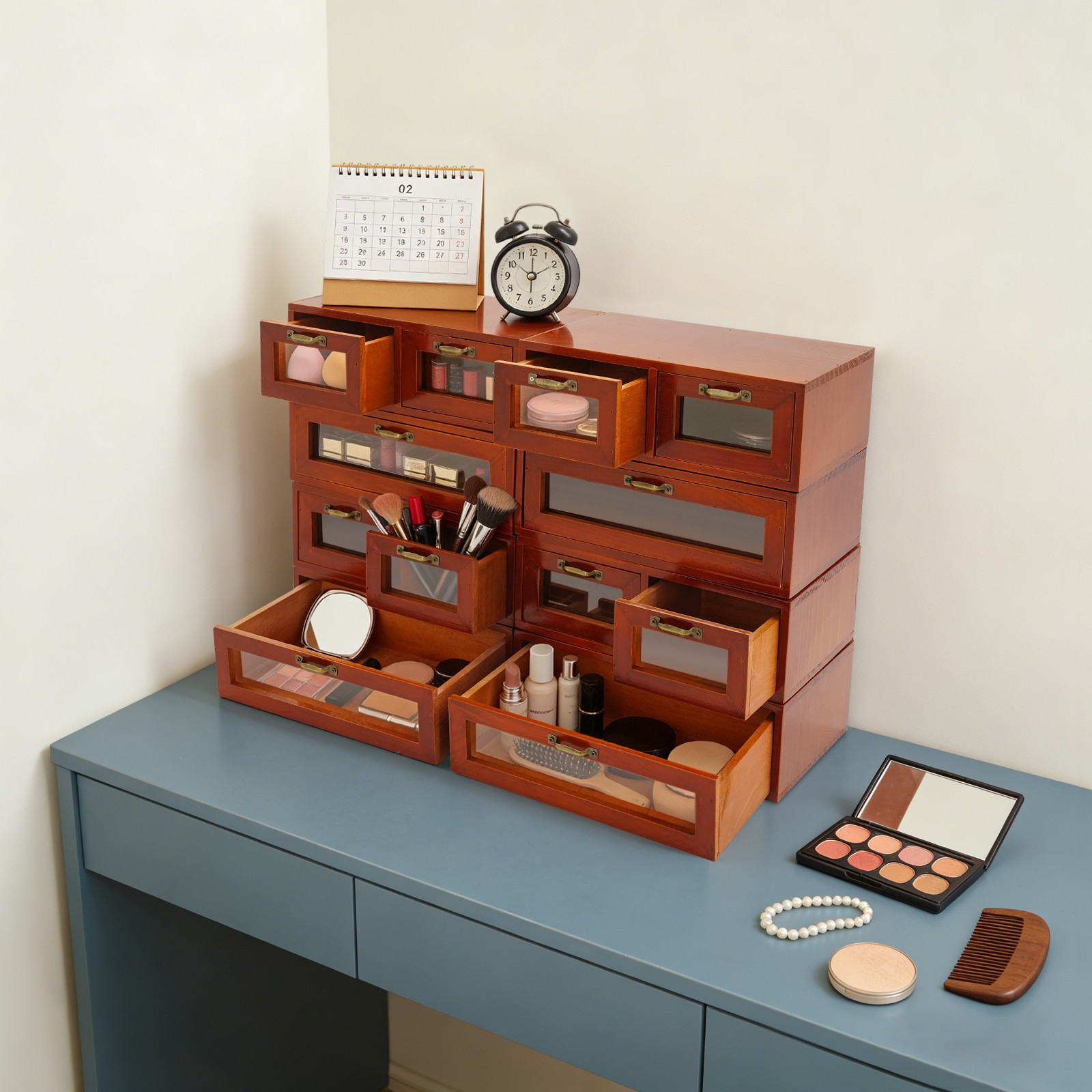 Stackable Wood Storage Cabinets/Boxes With Handles, 4 Single & 4 Double Drawer