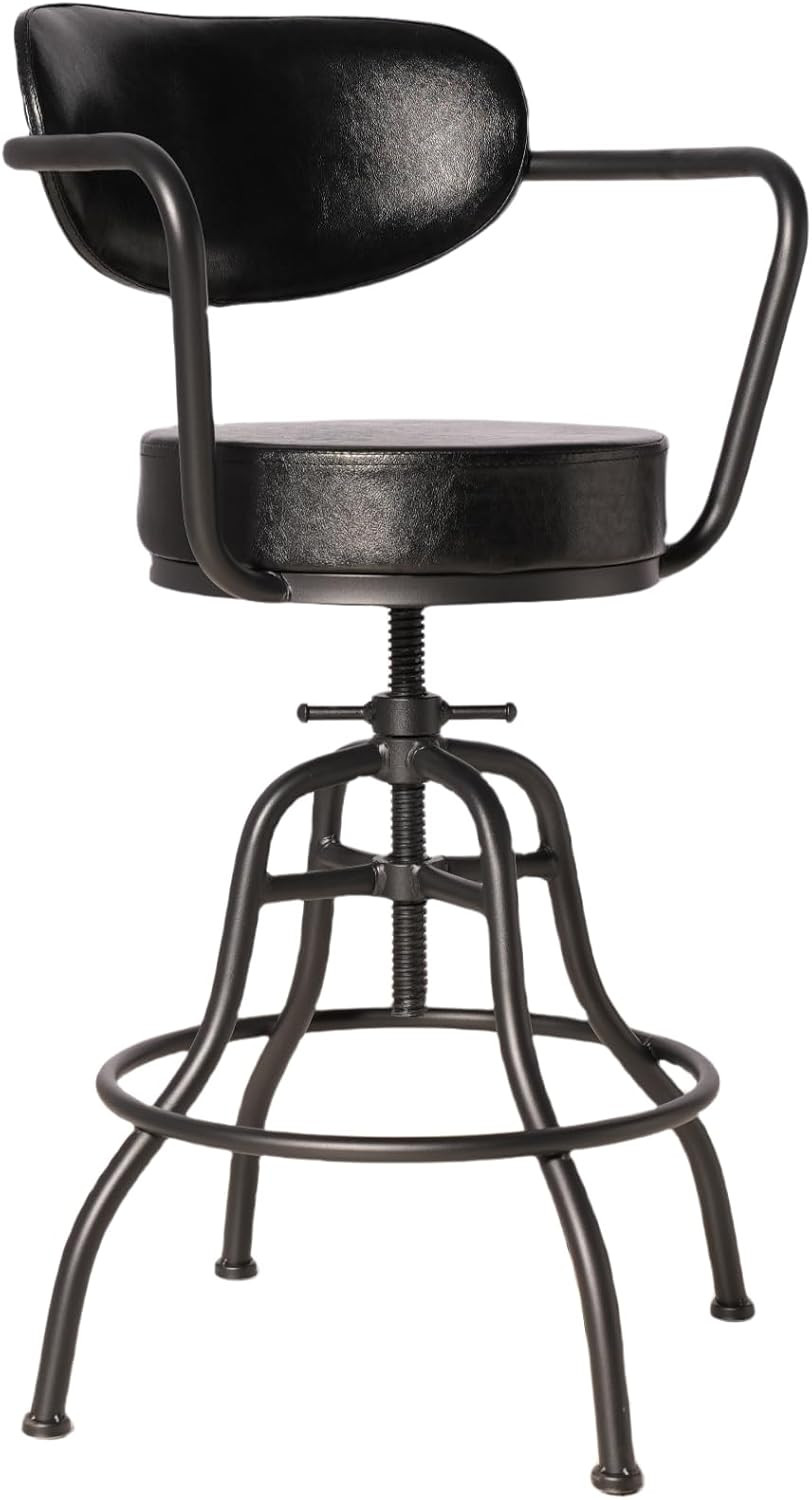 Modern Industrial Bar Stool with Backrest, Armrests, Footrest - Flexible Swivel