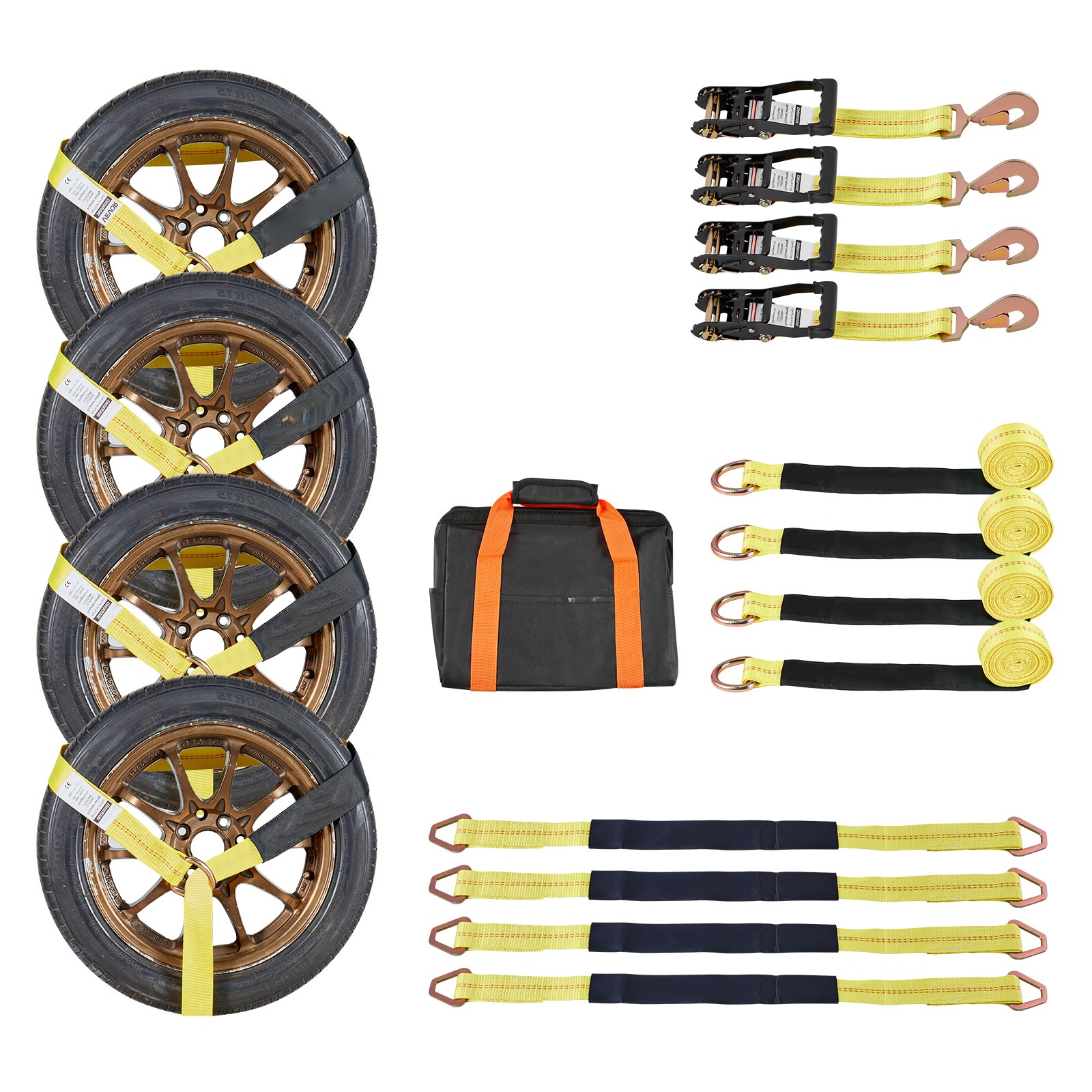 4 Set Wheel Chock Tie-Down Kit Flatbed Ratchet Tie Down Strap w/Spring Hooks