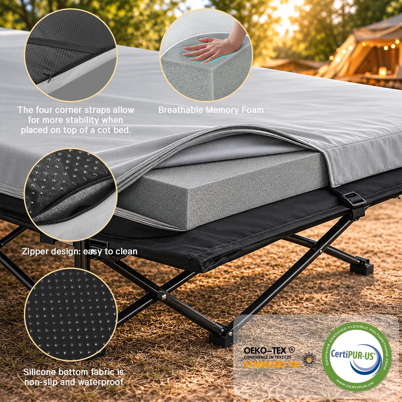 CYMULA Camping Cot Pad 2 Inch Memory Foam, COT (75*30*2), Grey