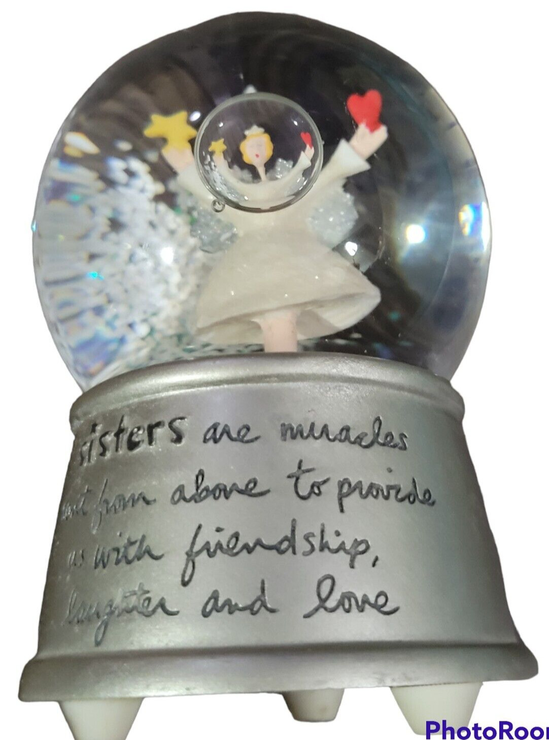 Signed Sandra Magsamen Snow Globe SISTERS Quote Angel Star Heart Silver Stand