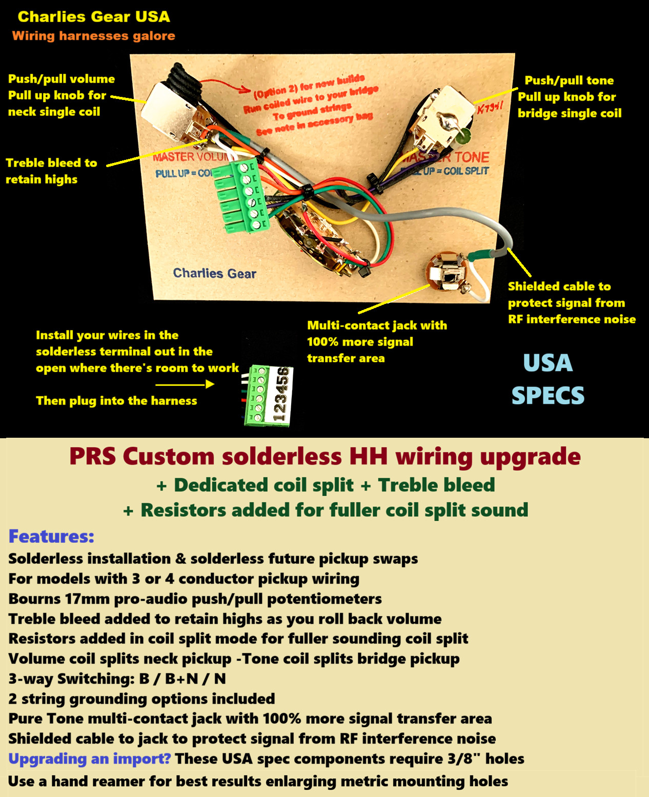 PRS Solderless HH Wiring Upgrade +Treb Bld +Dedicated Coil Split w/ Resistors