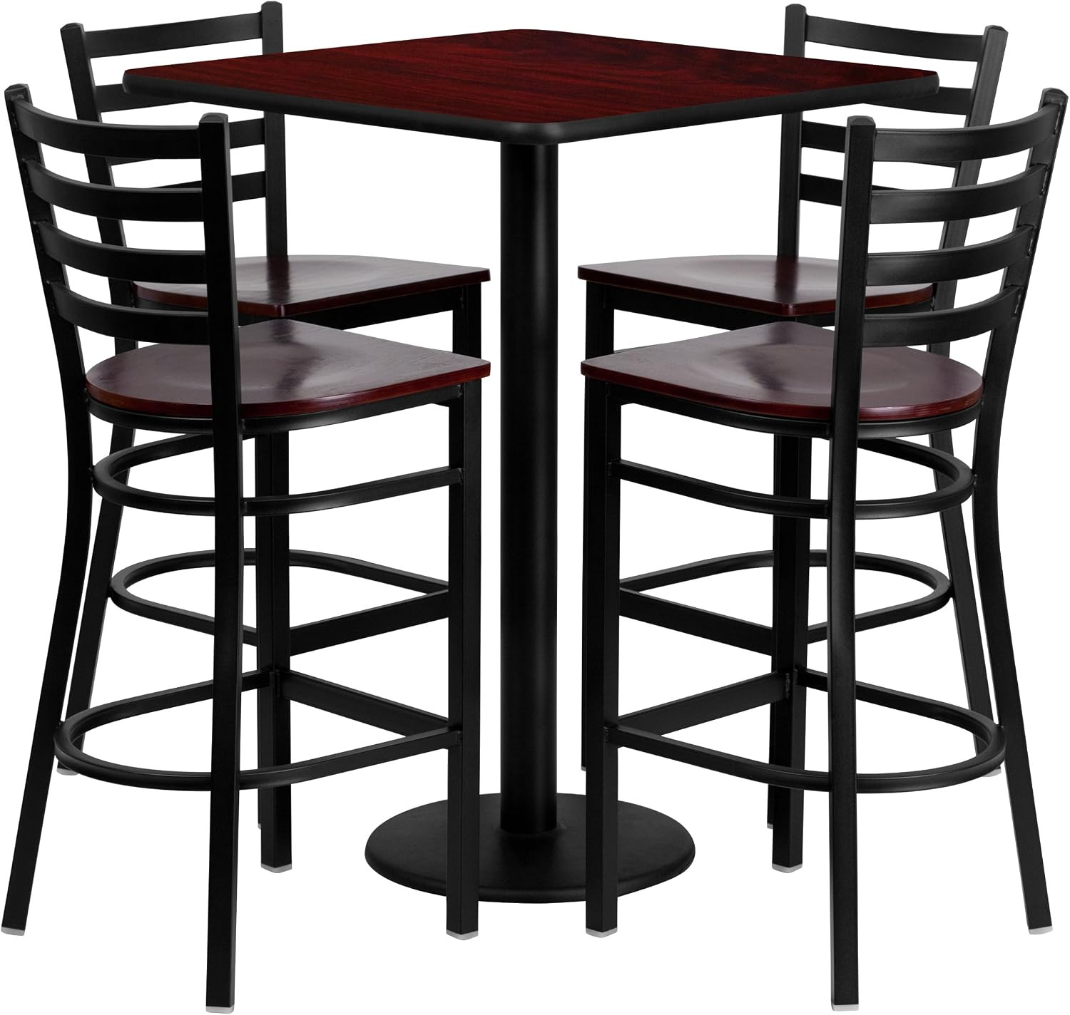 Clark 30'' Square Mahogany Laminate Table Set with 4 Ladder Back Metal Barstools