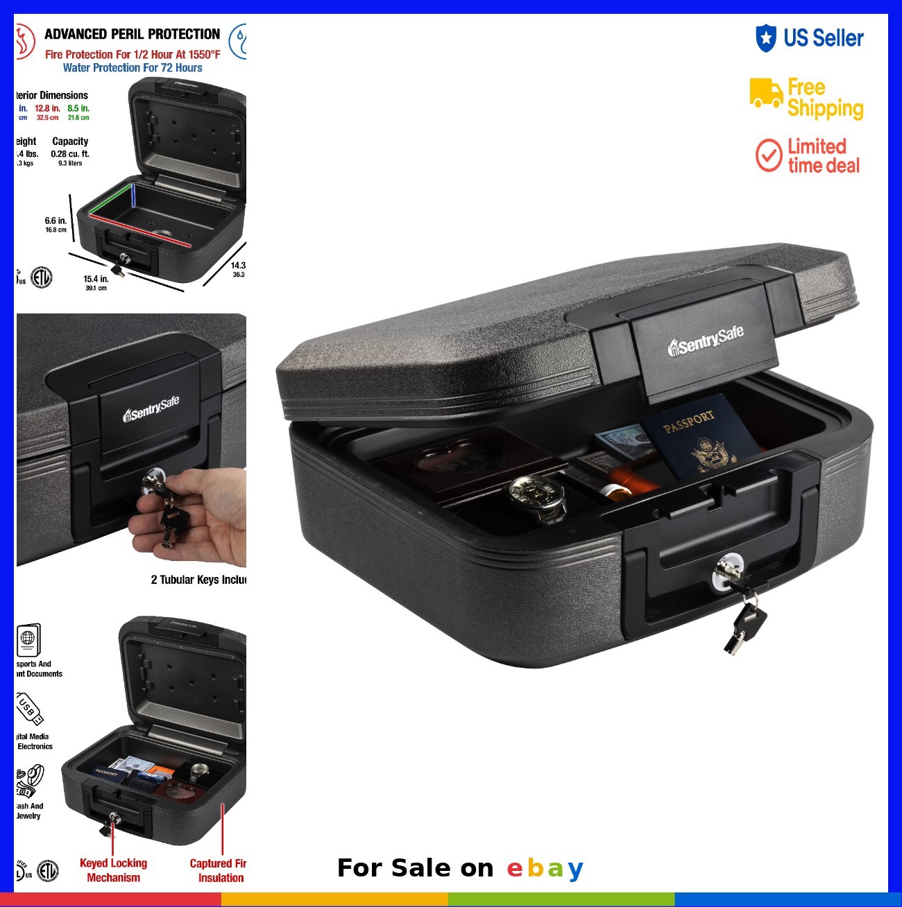 Fire Water Resistant Chest Safe with Key Lock 0.28 Cu Ft Small Valuables