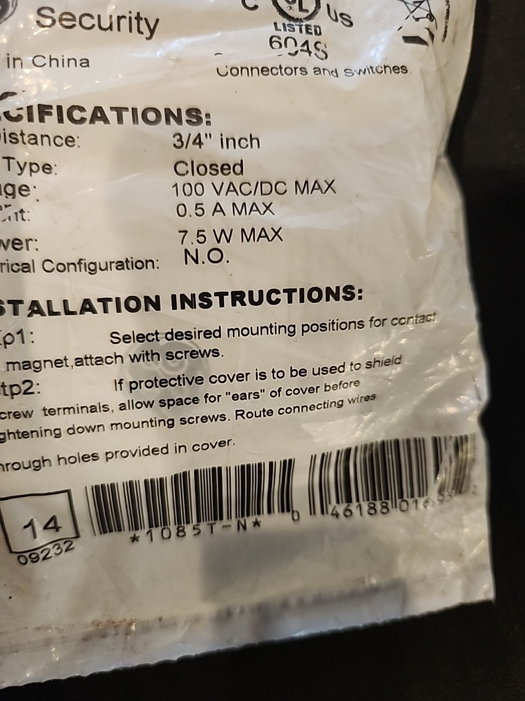 GE Security 1085T-N Surface Screw Mount Terminal Contact, Closed Loop, 3/4" gap