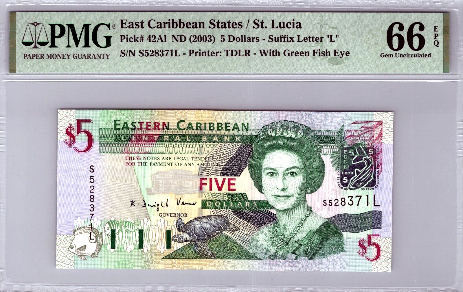 East Caribbean States 5 Dollars 2003 Pick 42al PMG 66 EPQ GEM UNC
