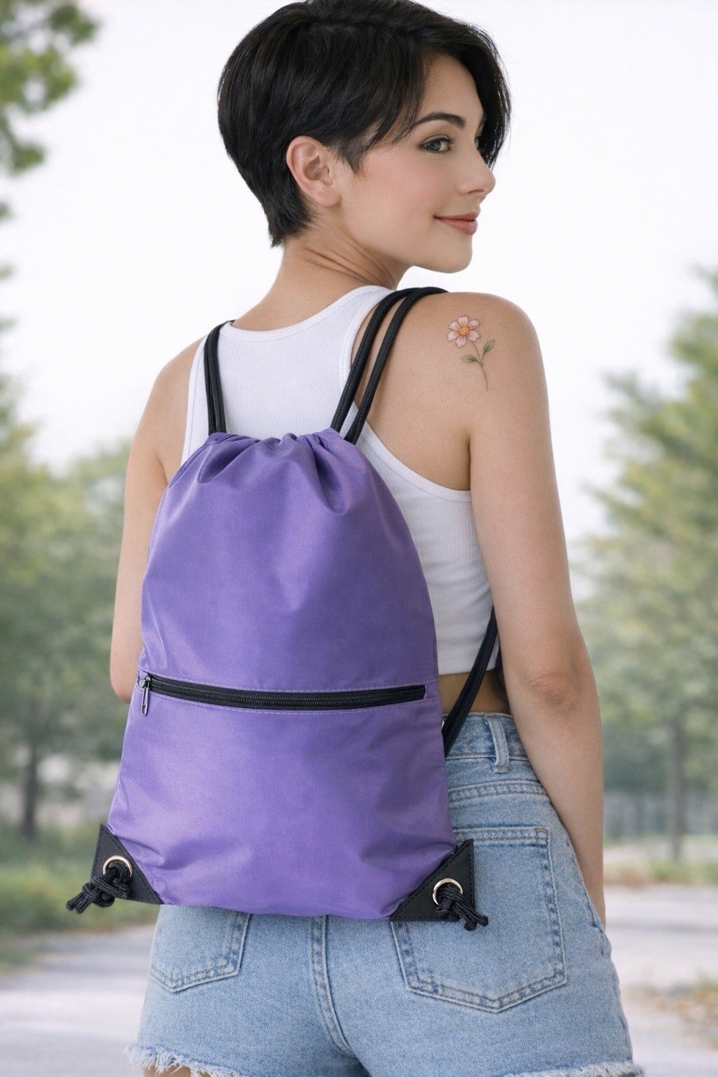 Purple Drawstring Backpack Gym Bag Lightweight Water Resistant Travel School NEW